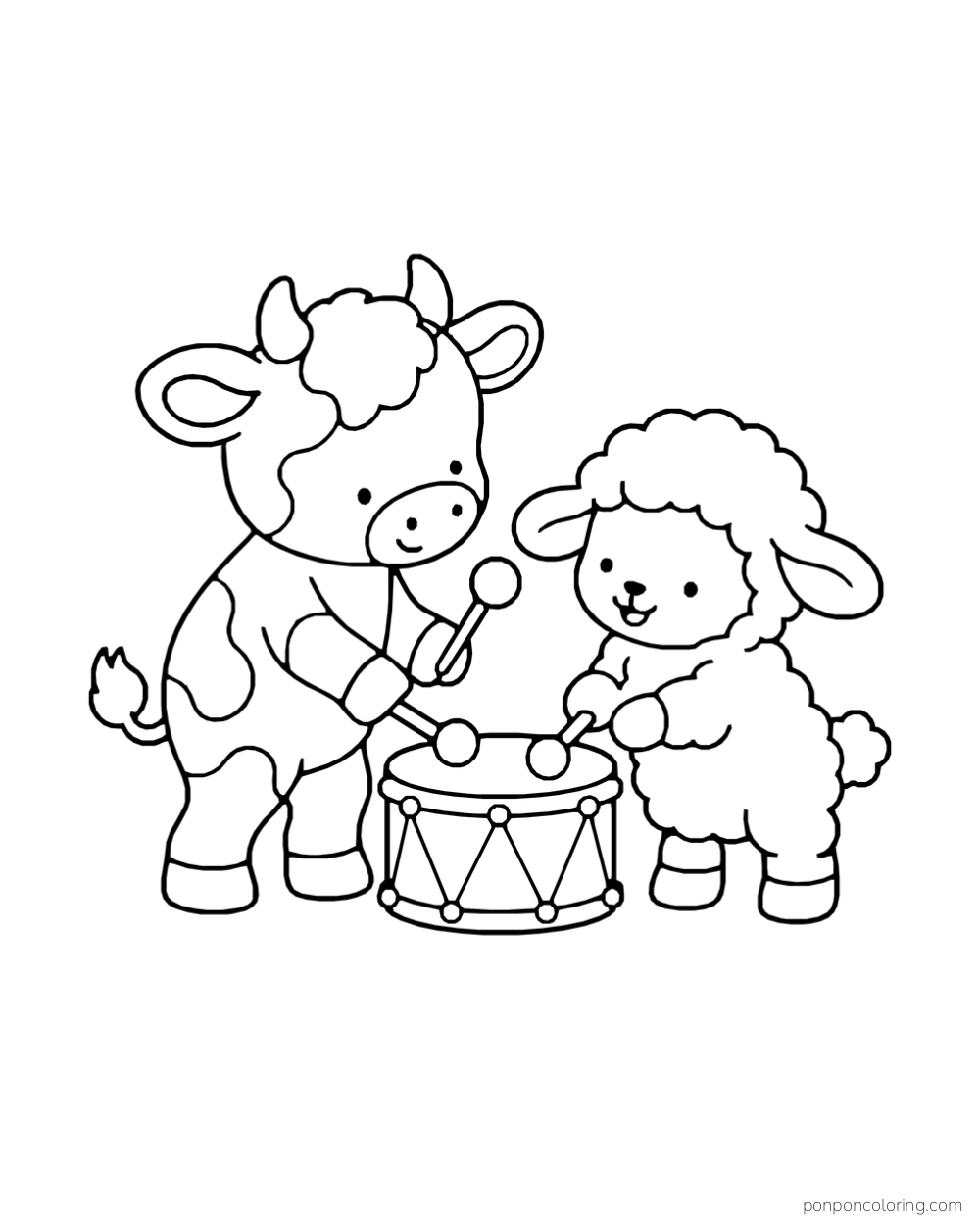 A calf and lamb tap a drum with round-headed sticks.