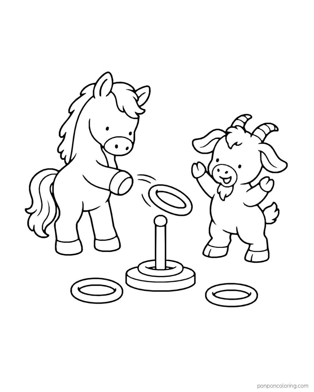 A pony tosses a ring toward a peg while a goat raises its hooves.