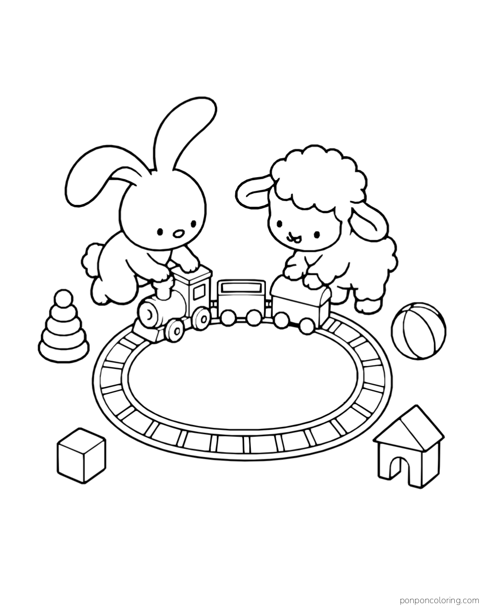 A rabbit and sheep push a toy train around an oval track beside blocks and a ball.