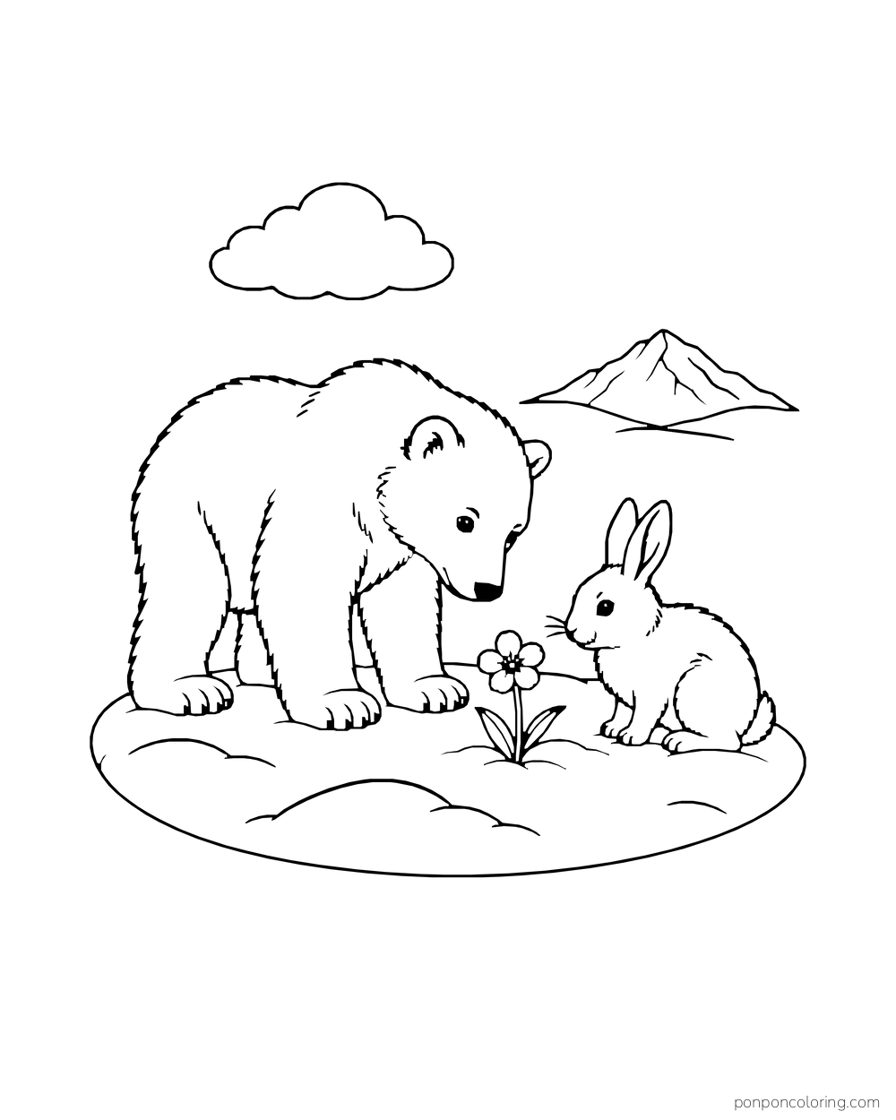 A polar bear and an Arctic hare look at a small flower on a snow patch.