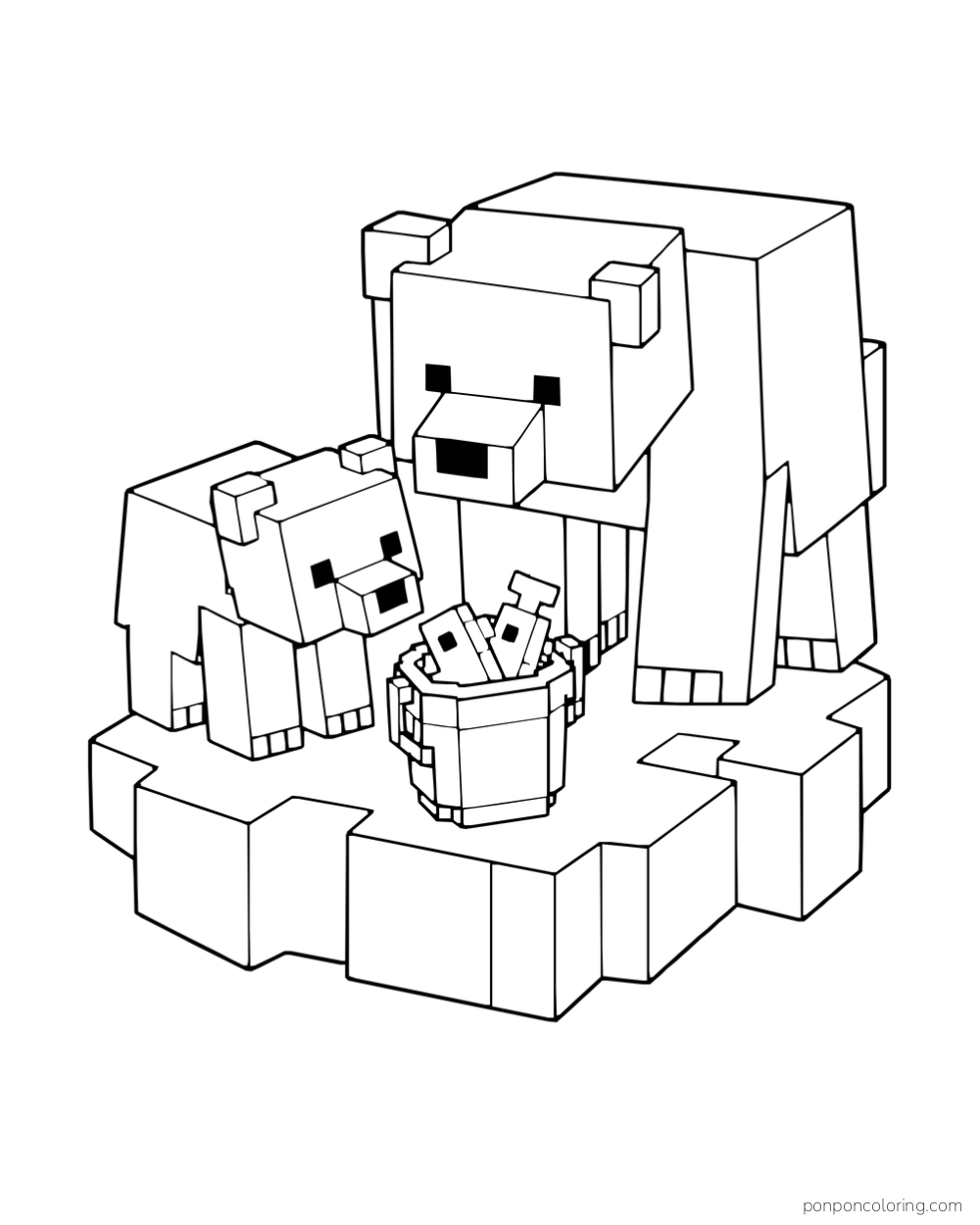 A polar bear and cub stand on an ice platform beside a bucket of fish.