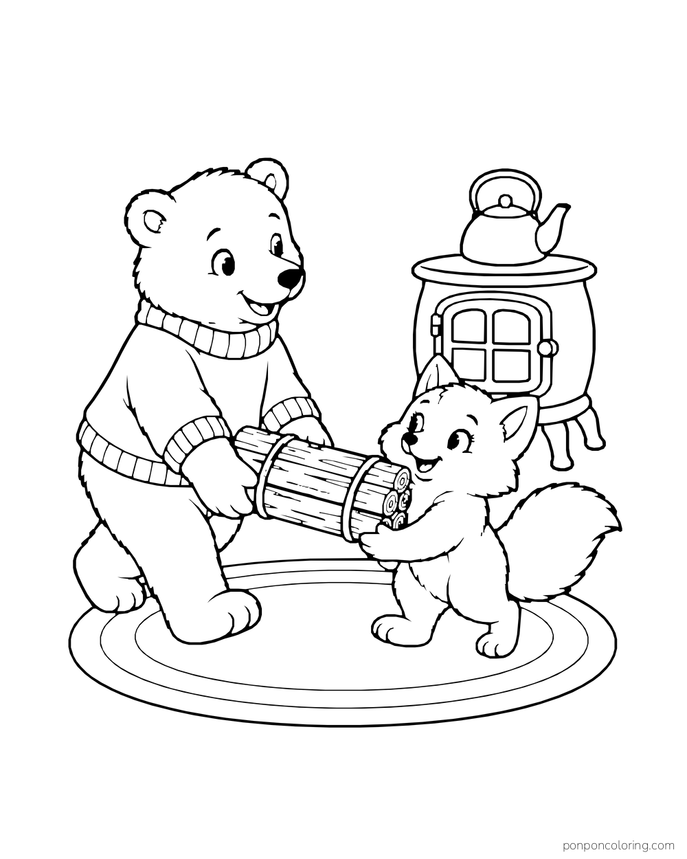 A polar bear and a fox jointly hold a bundle of firewood beside a stove.