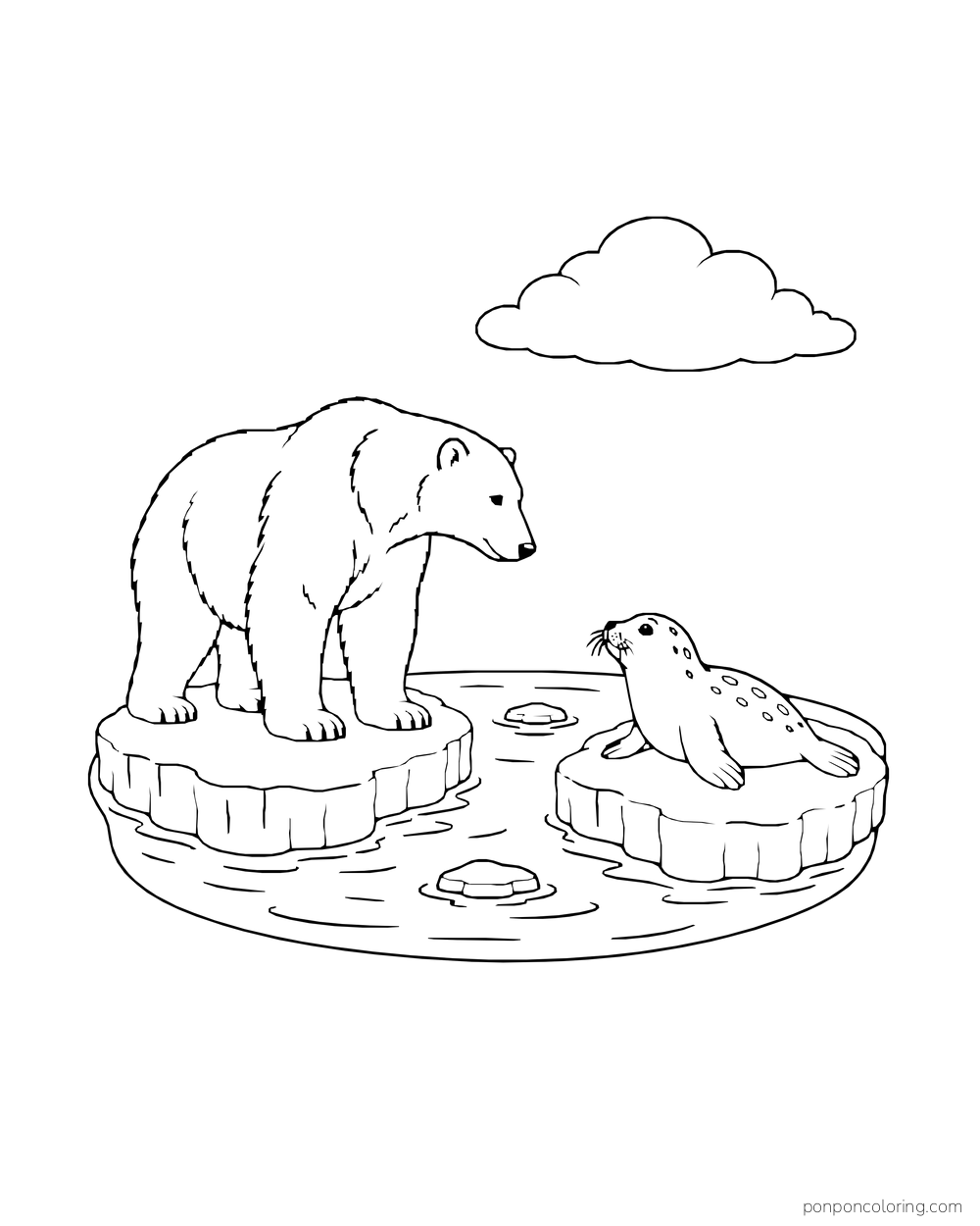A polar bear and a seal stand on two separate ice islands above a closed pool.