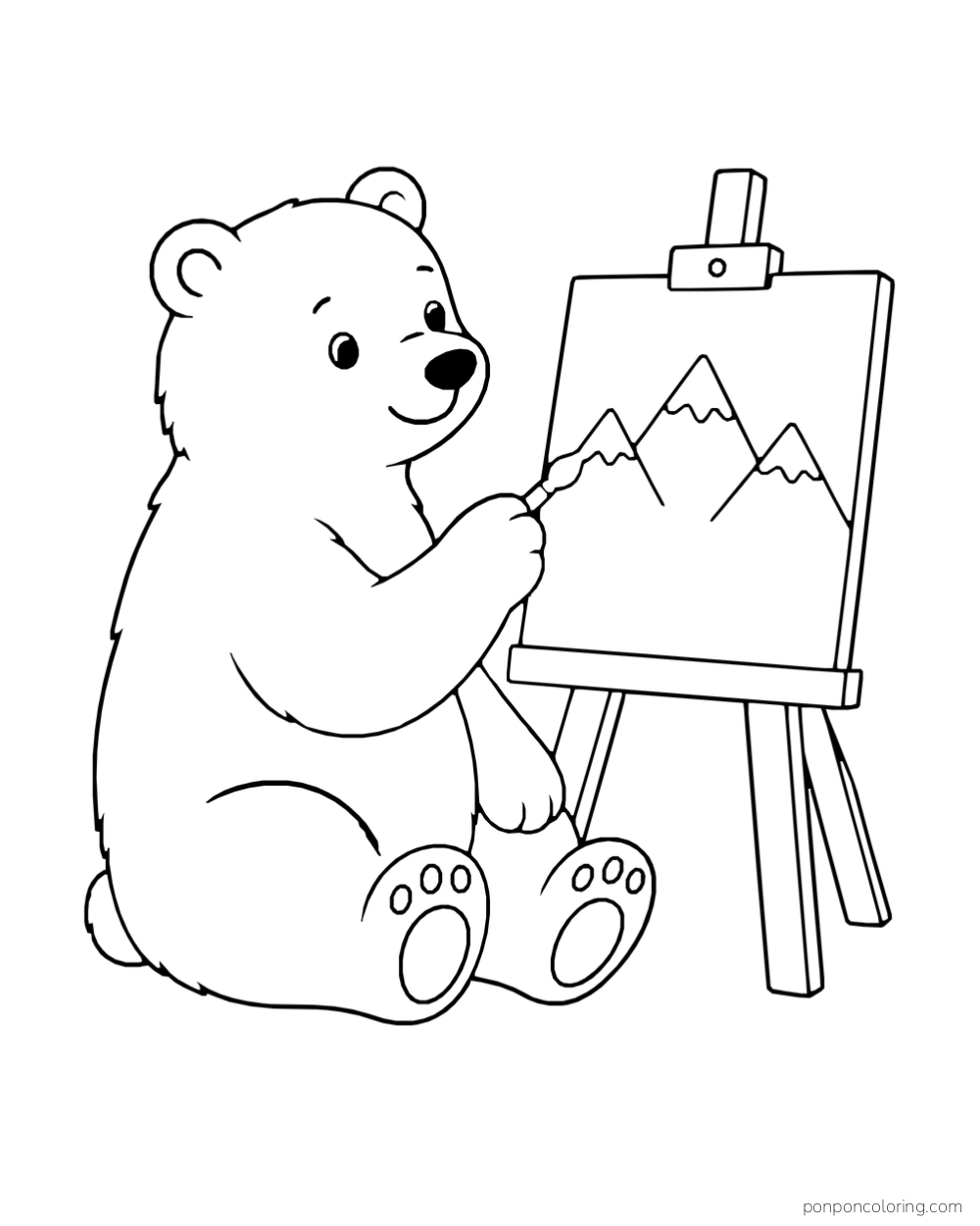 A polar bear paints mountain peaks at an easel.