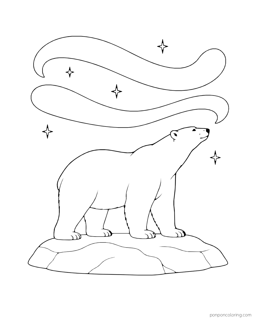 A four-legged polar bear stands on a snowy ridge beneath two long aurora ribbons and small stars.