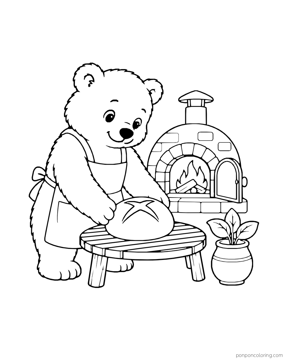 A polar bear cub places a round loaf on a cooling rack beside an oven.