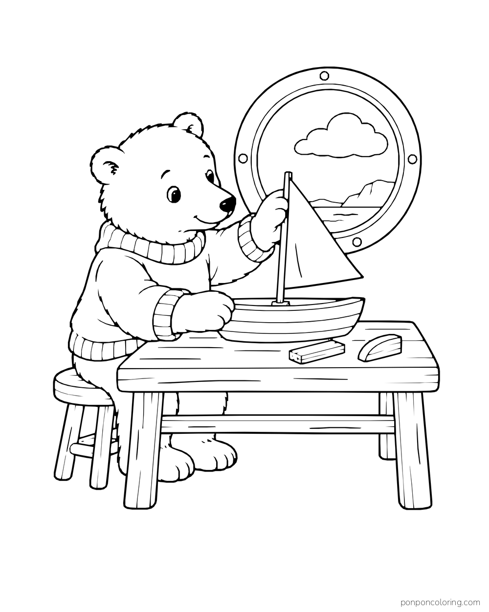 A polar bear cub holds the mast of a model sailboat at a low table by a round window.