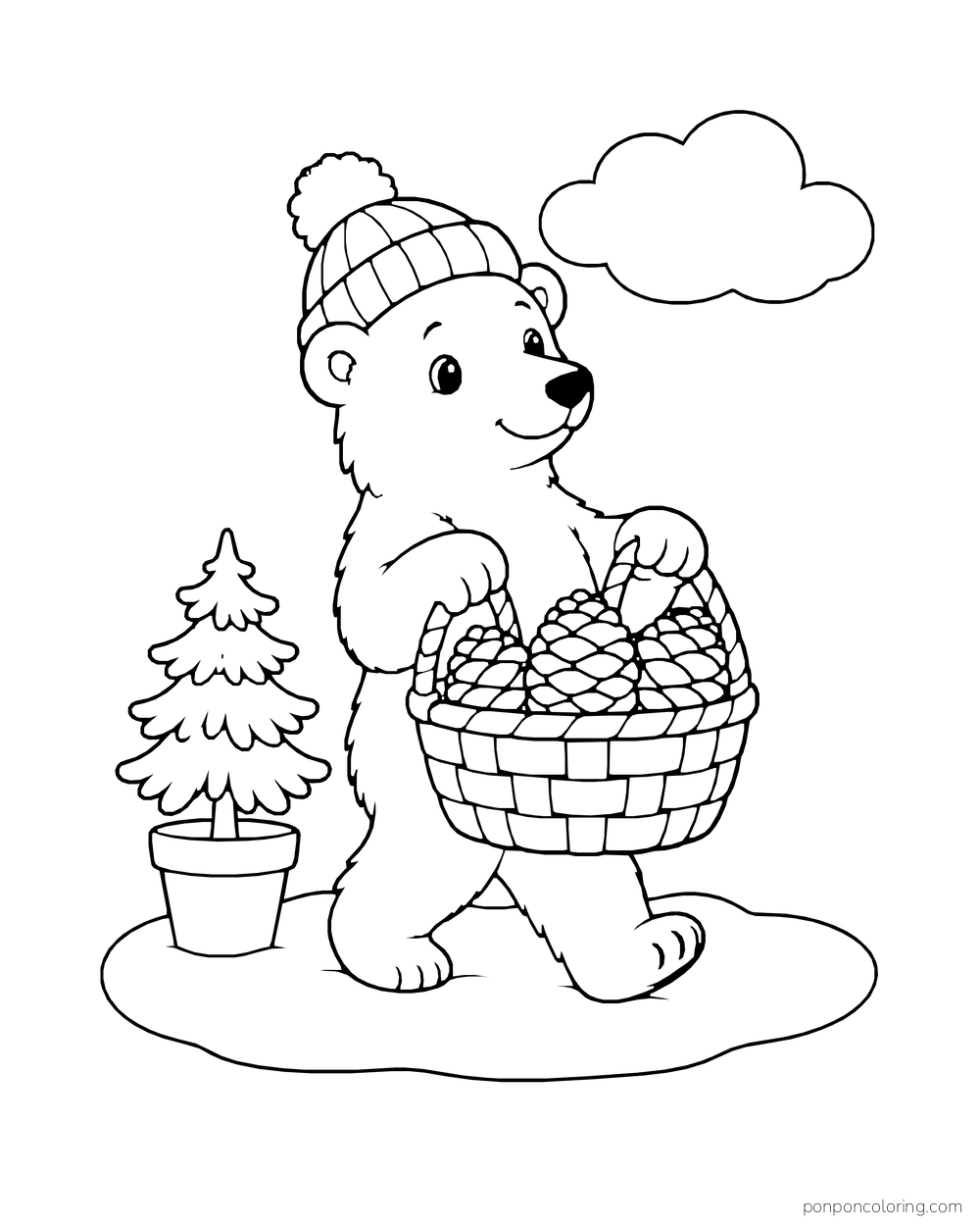 A polar bear cub carries a basket holding three pinecones beside a potted fir.