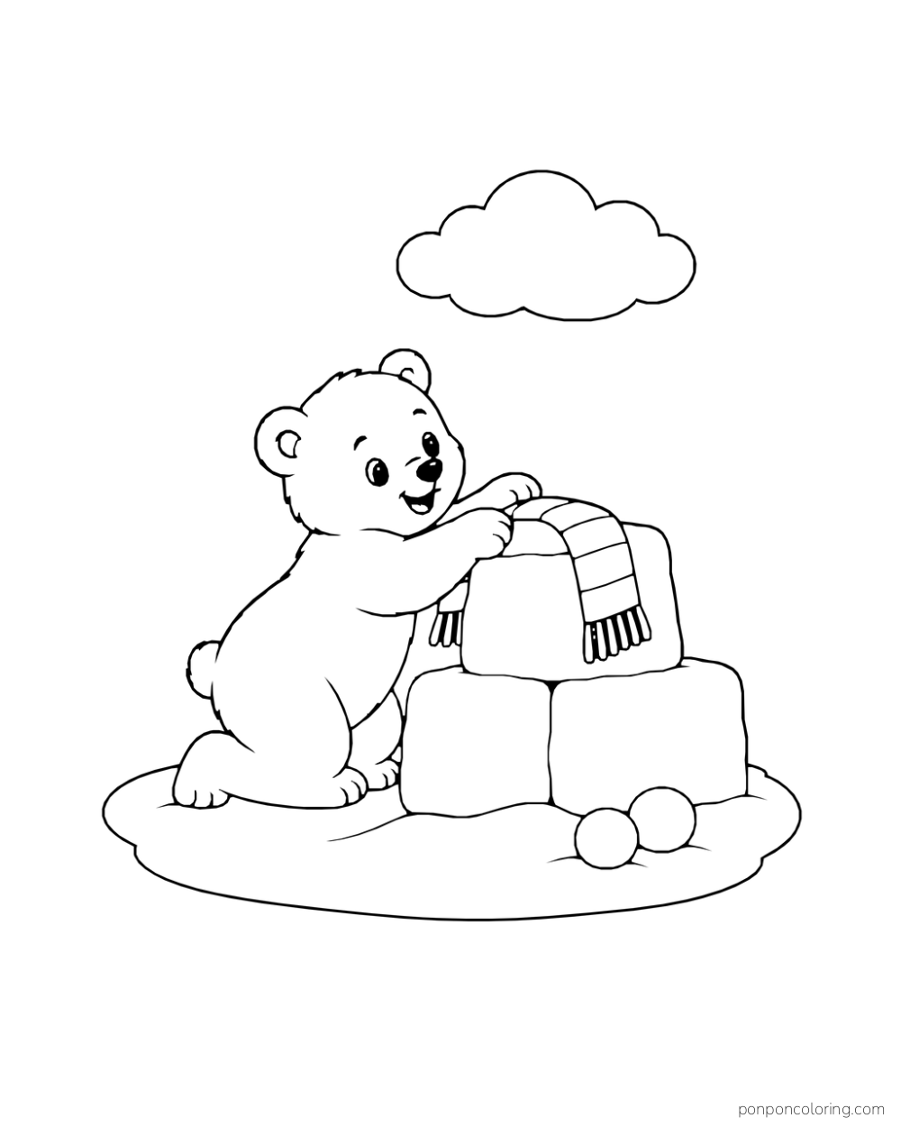 A polar bear cub drapes a striped scarf over three stacked snow blocks beside two snowballs.
