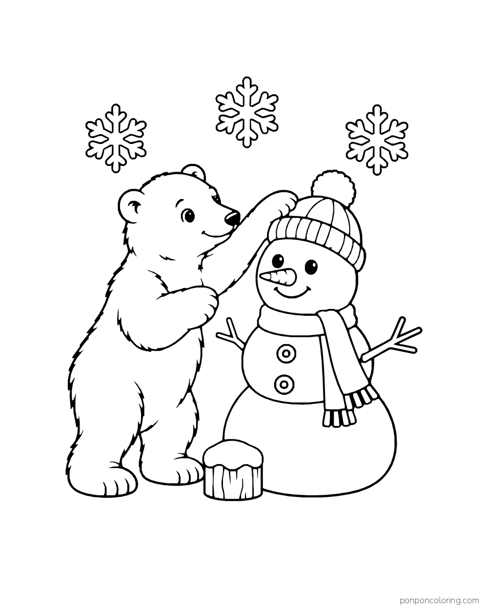 A polar bear cub places a knitted hat on a small snowman.