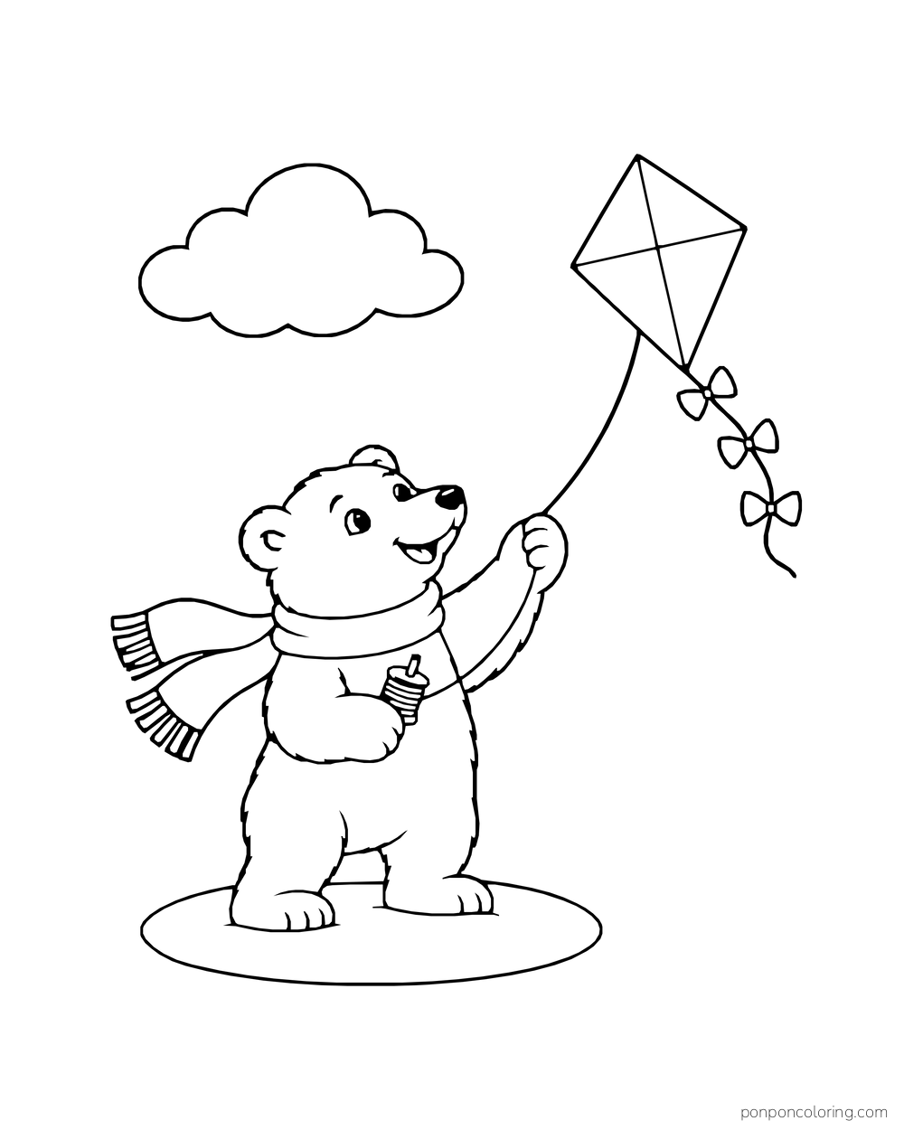 A polar bear cub holds the string of a diamond kite above an open snow patch.