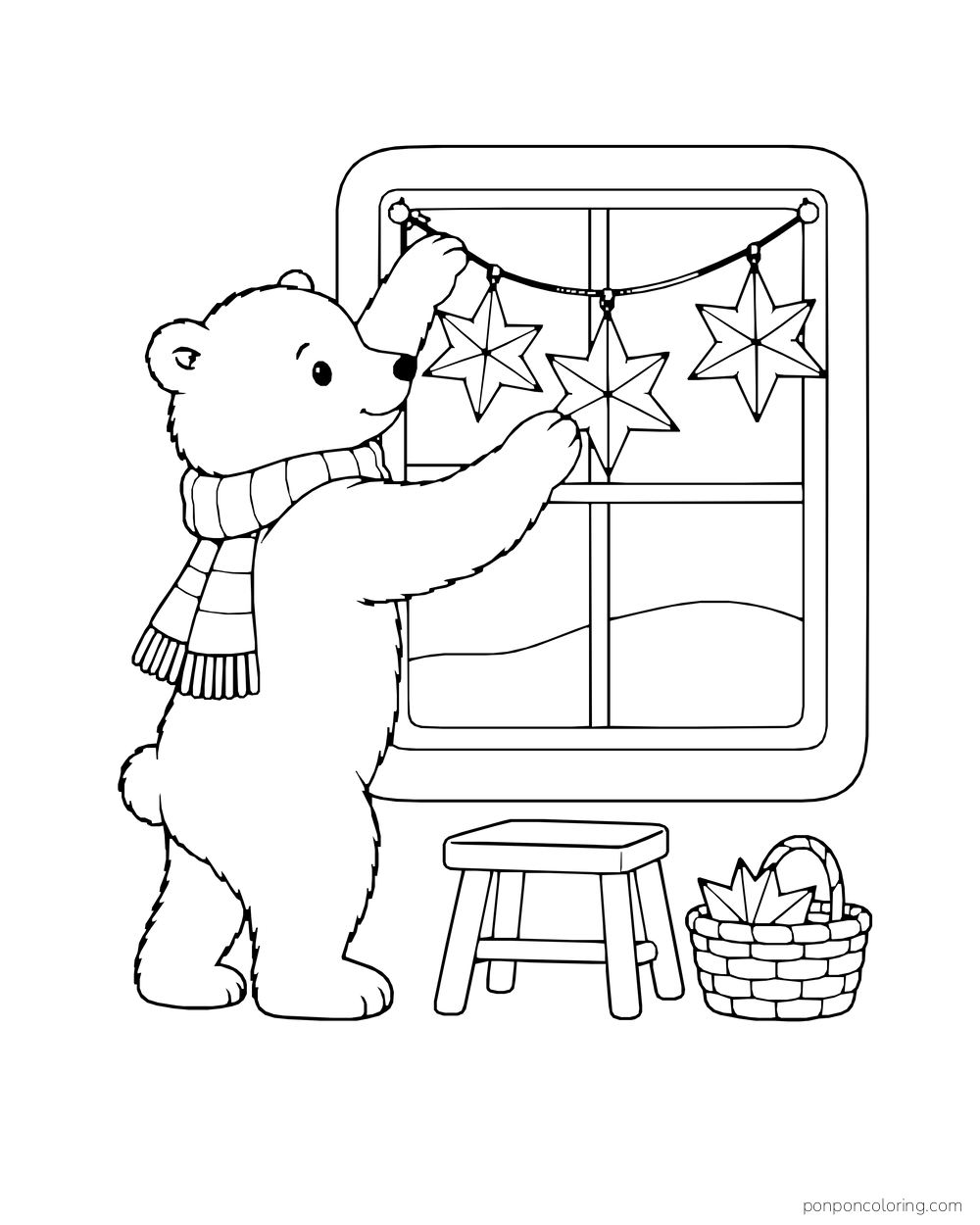 A polar bear cub hangs paper stars across a cabin window while standing beside a small basket.
