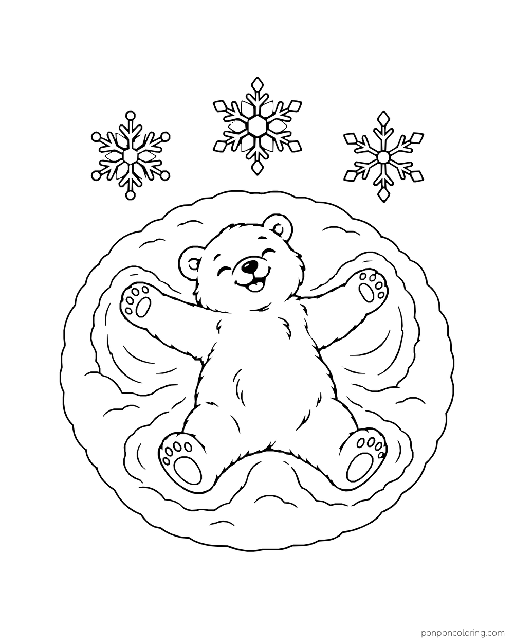 A polar bear cub lies on its back with a snow angel outline around its body.
