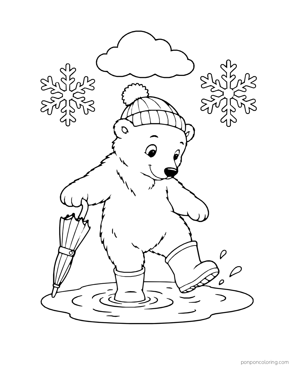 A polar bear cub in a knit hat and boots steps into an oval puddle while holding a closed umbrella.