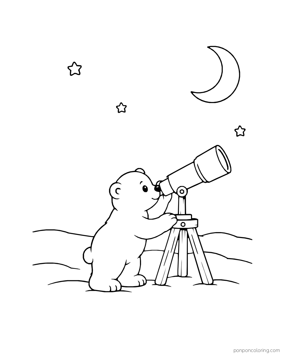 A polar bear cub looks through a telescope toward a crescent moon and stars.