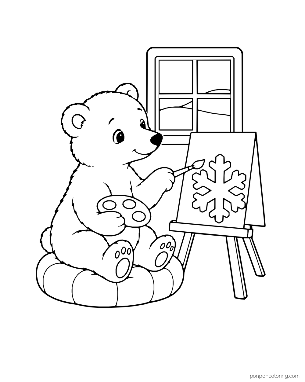 A polar bear cub paints a snowflake on a piece set on an easel.