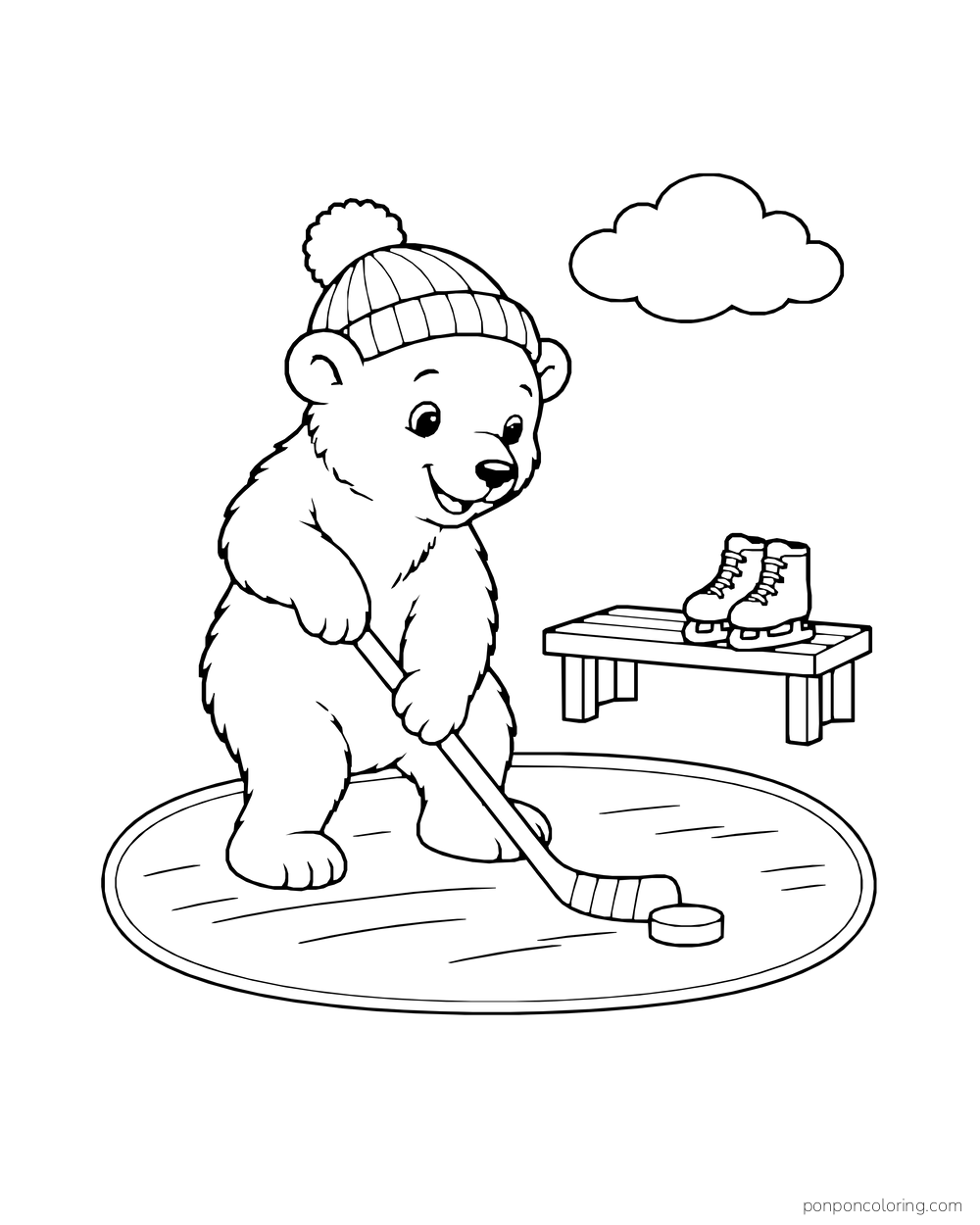 A polar bear cub nudges a puck with a hockey stick on a closed oval rink.