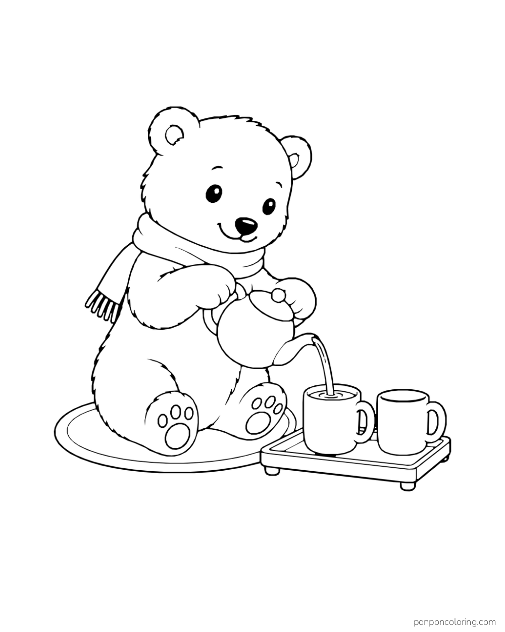 A polar bear cub in a scarf pours from a teapot into one of two mugs on a wooden tray.