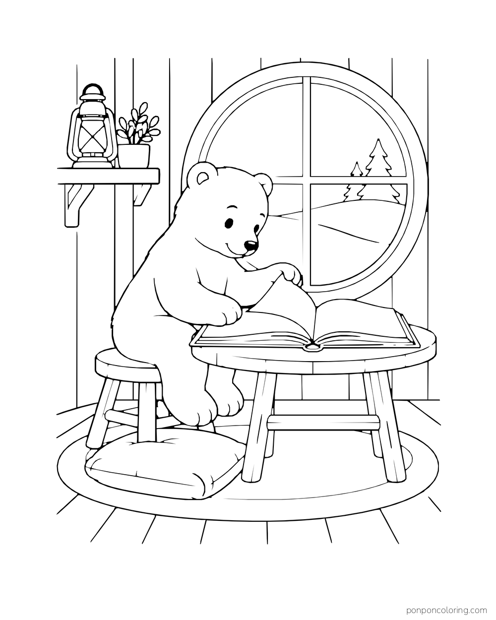 A polar bear cub turns a book page at a round table beside a circular window.