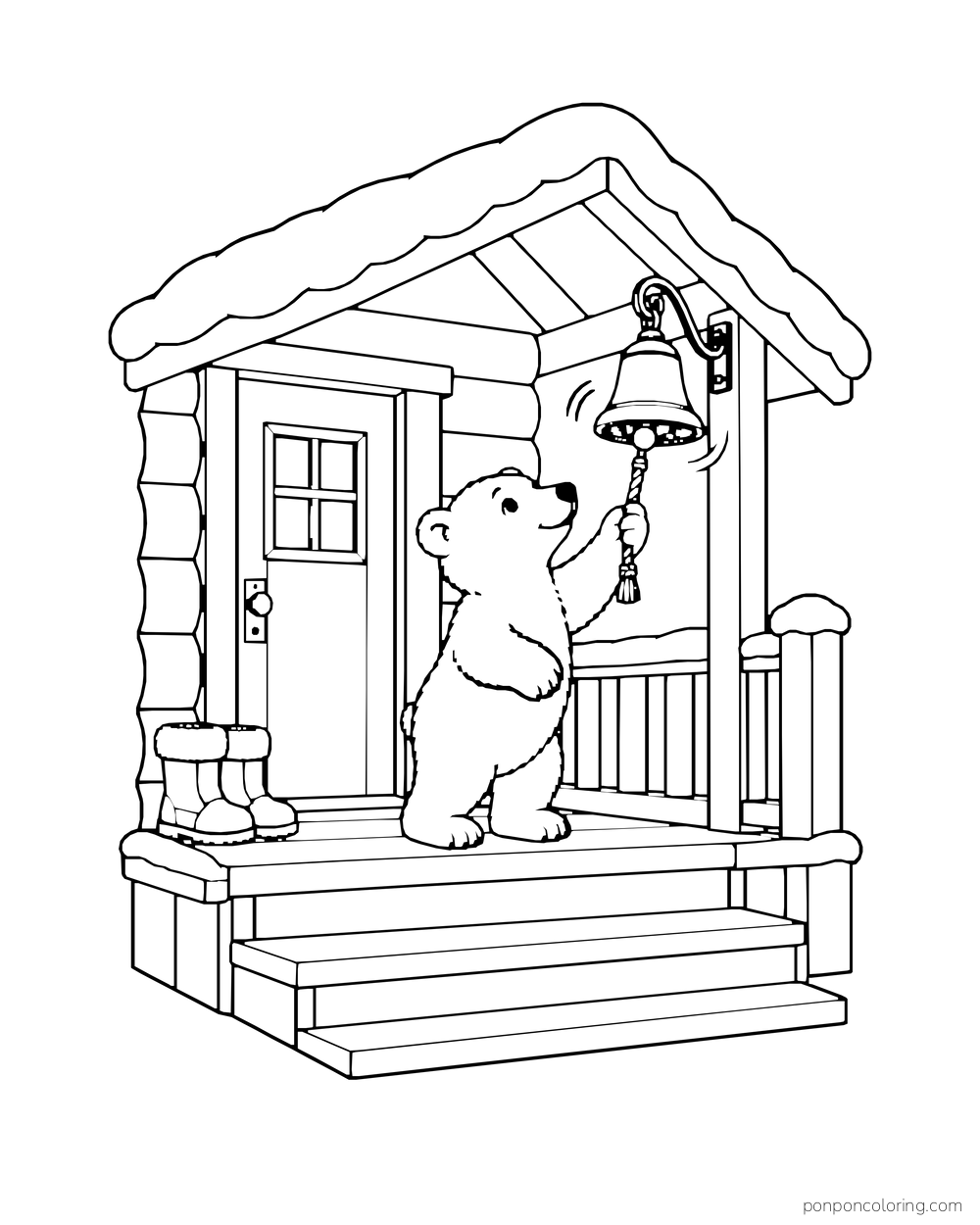 A polar bear cub reaches for a bell at a cabin porch with boots beside the door.