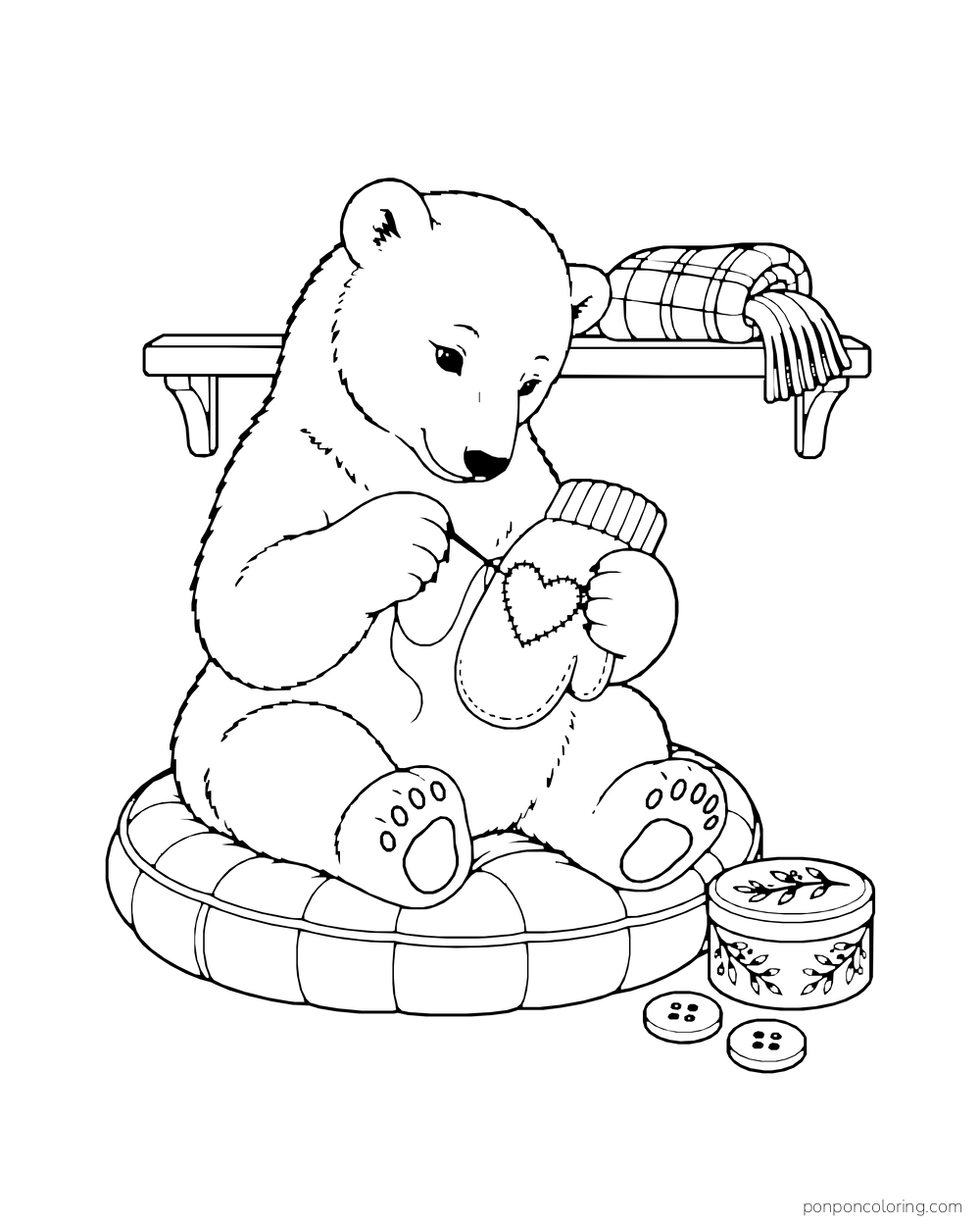 A polar bear cub sews a heart-shaped patch onto a mitten while sitting on a cushion.