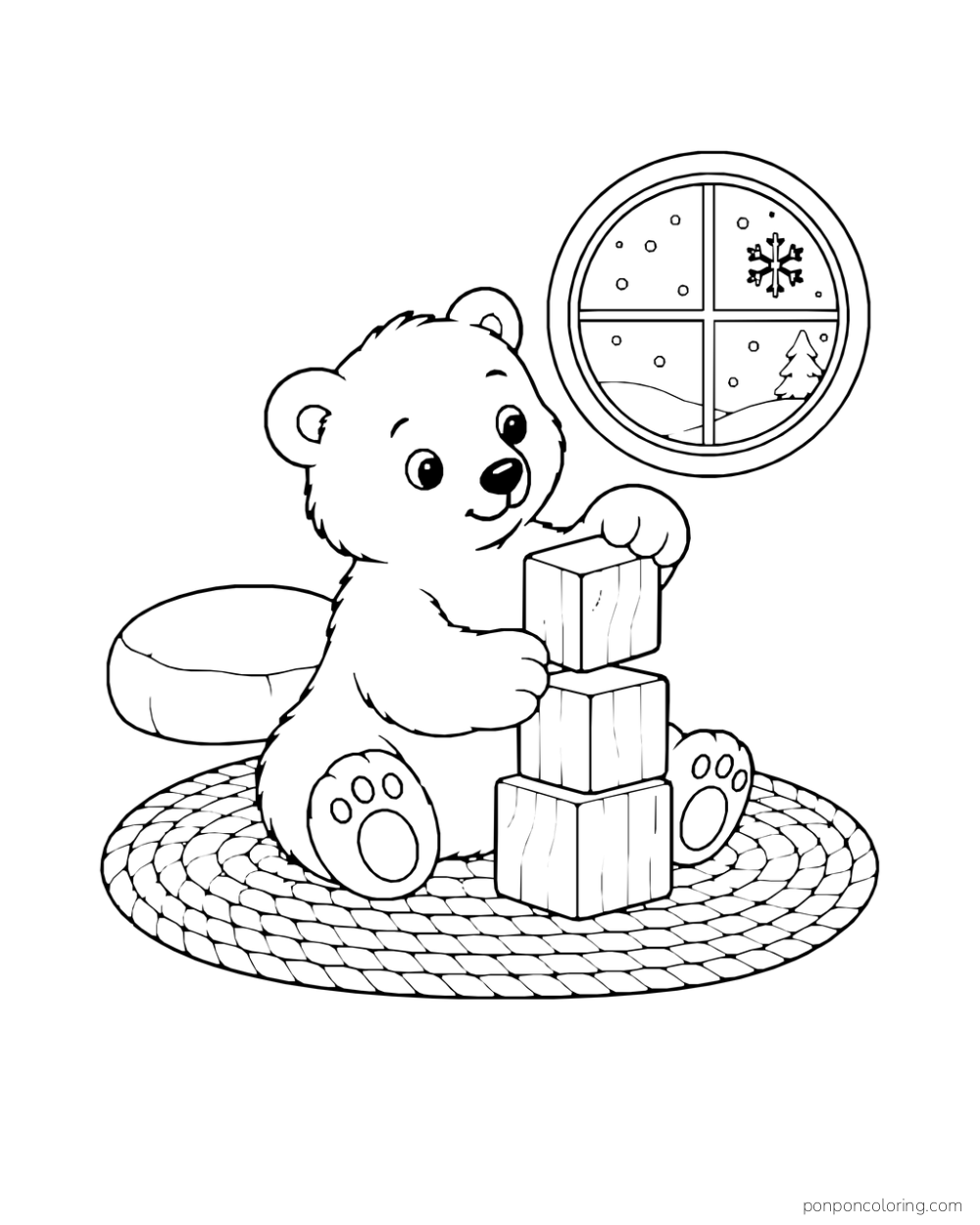 A polar bear cub stacks three wooden blocks while seated on a woven rug by a round window.