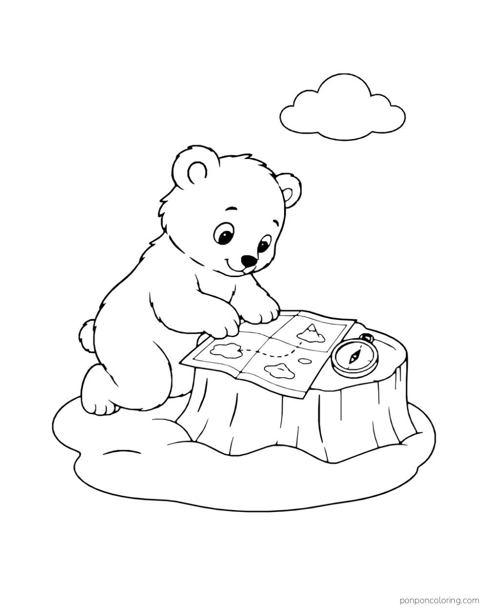 A polar bear cub studies an unfolded map and compass on a stump inside an oval snow patch.