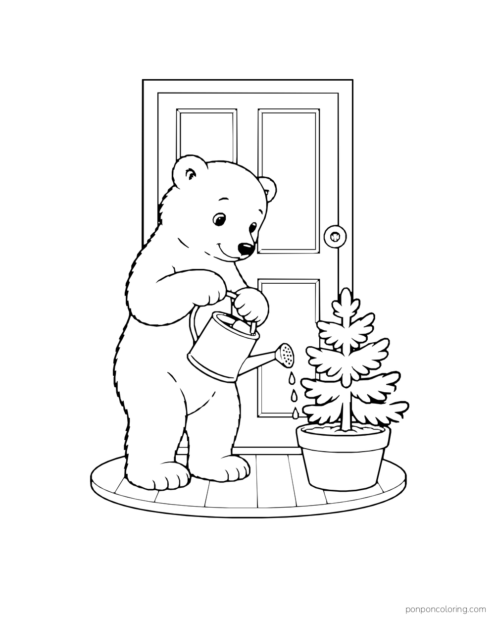 A polar bear cub waters a potted fir beside a cabin door.