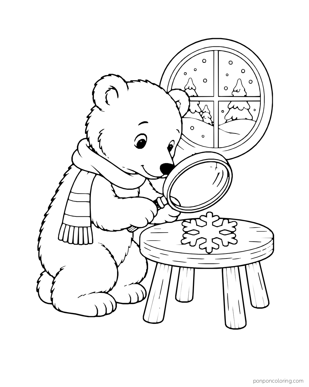 A polar bear cub inspects a snowflake with a magnifying glass at a low stool.