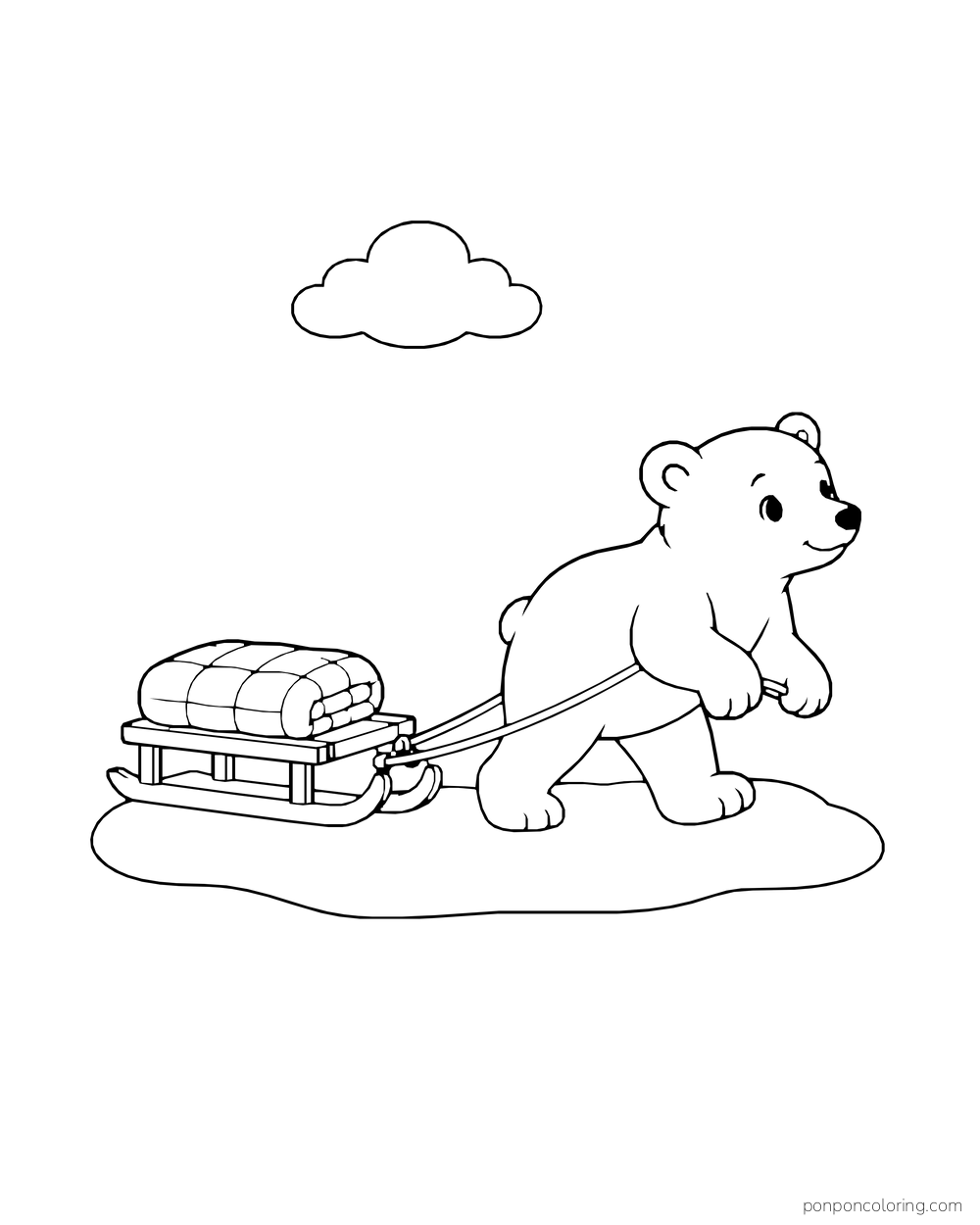A polar bear cub pulls a small sled carrying a folded quilt across the snow.