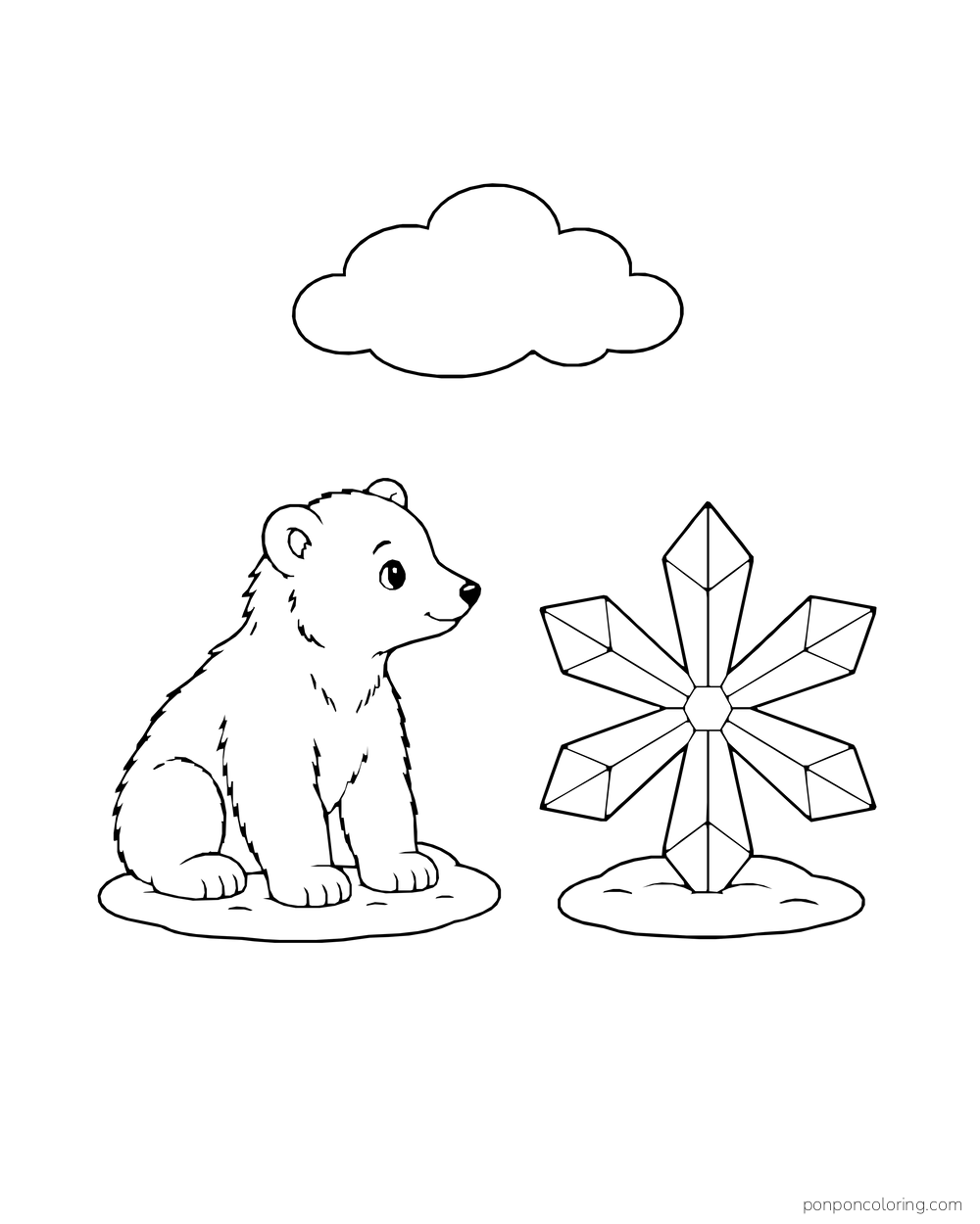 A polar bear cub sits beside a large six-point ice crystal sculpture.