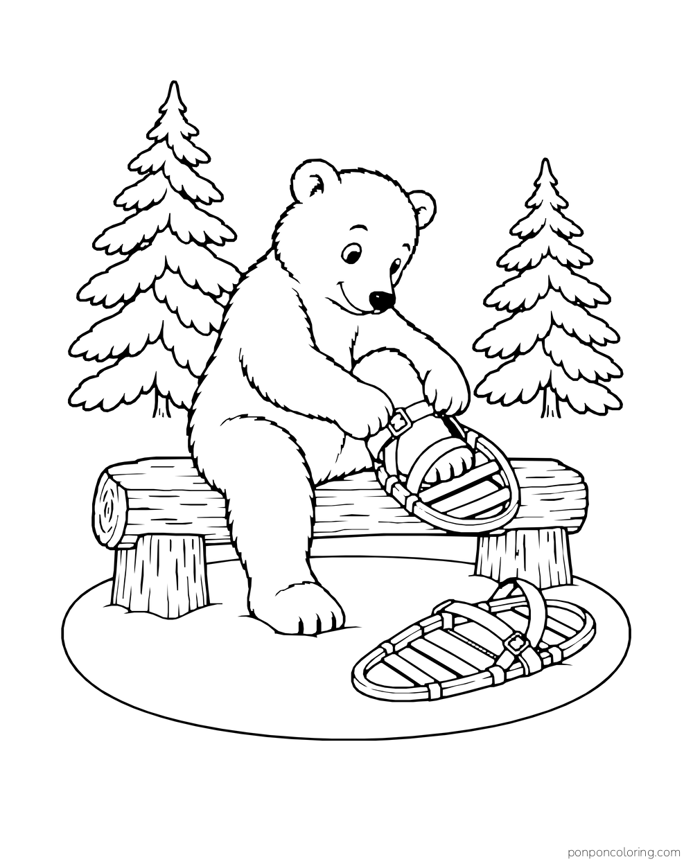 A polar bear cub fastens one snowshoe on a log bench with a second shoe nearby.