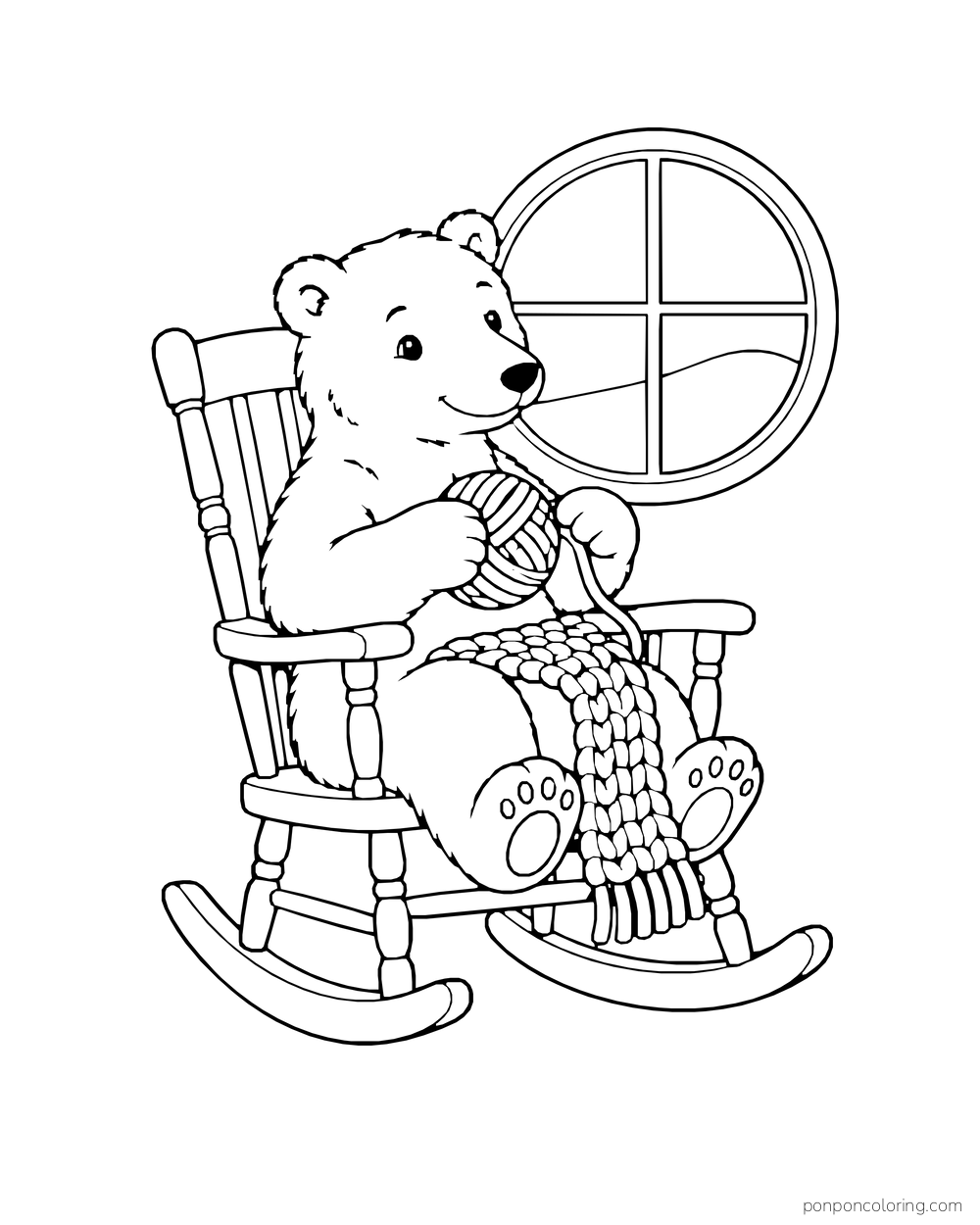 A polar bear cub winds yarn in a rocking chair with a scarf across its lap.