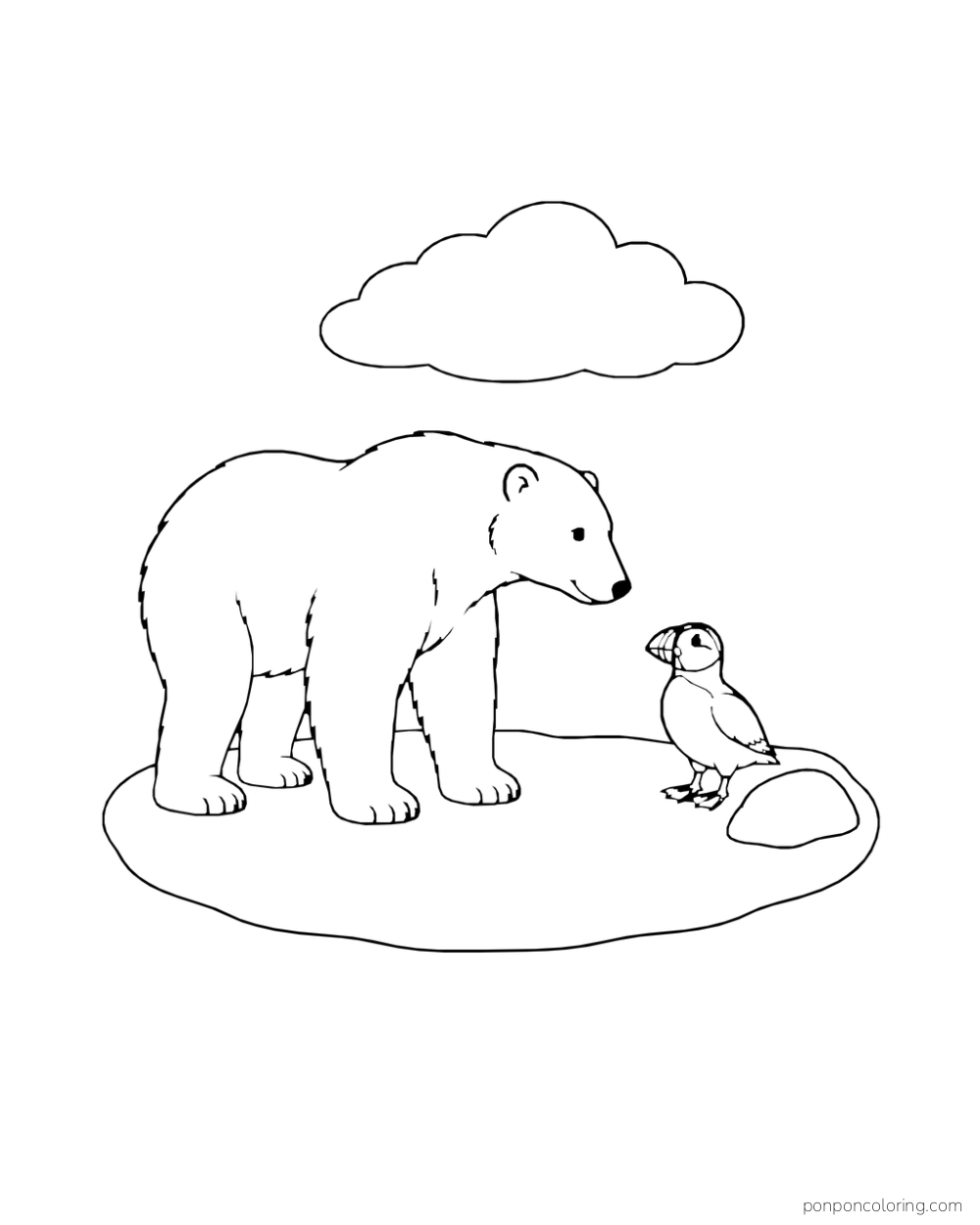 A four-legged polar bear looks toward a puffin standing beside a small rock on an oval snow patch.