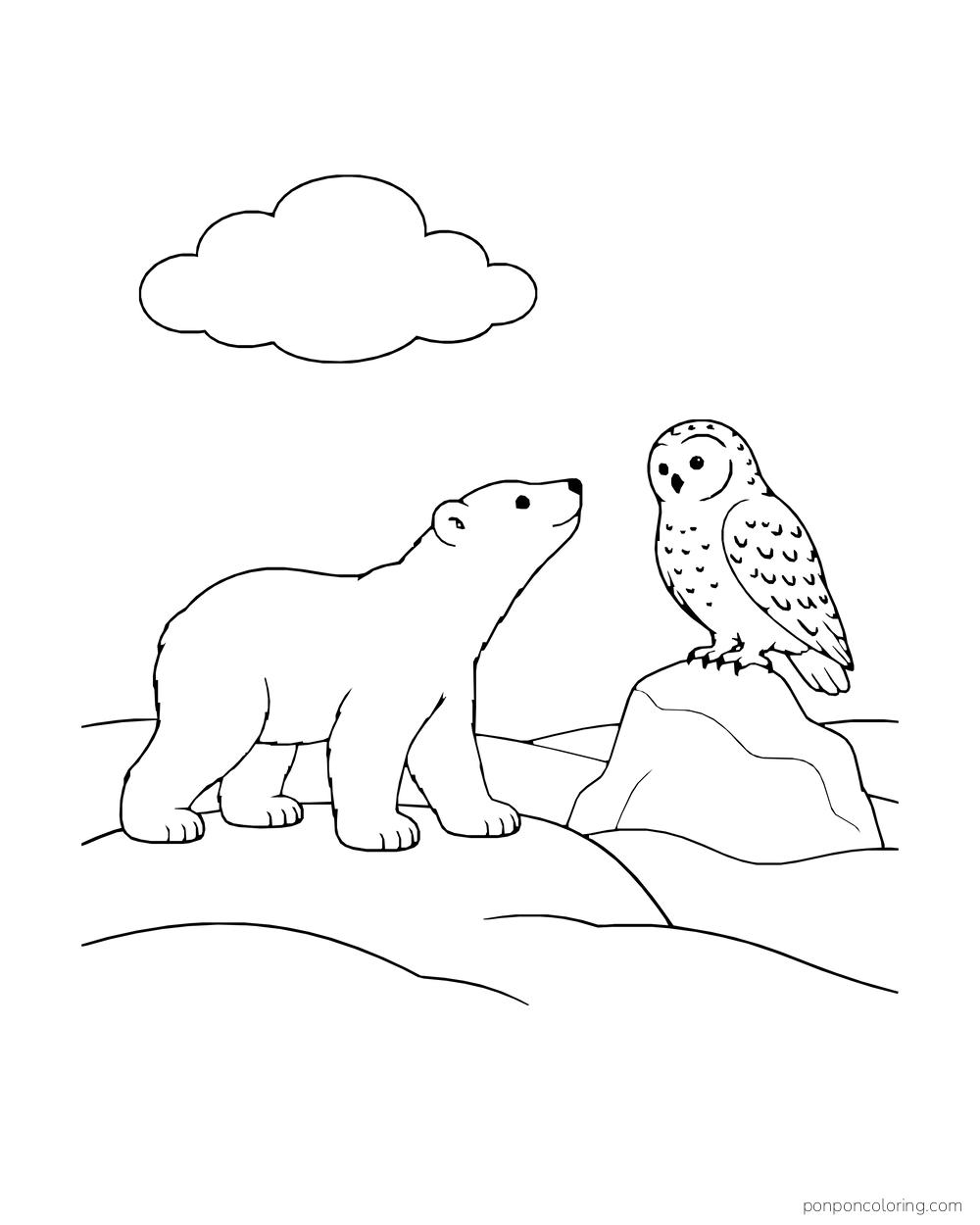 A polar bear looks toward a snowy owl perched on a low rock.