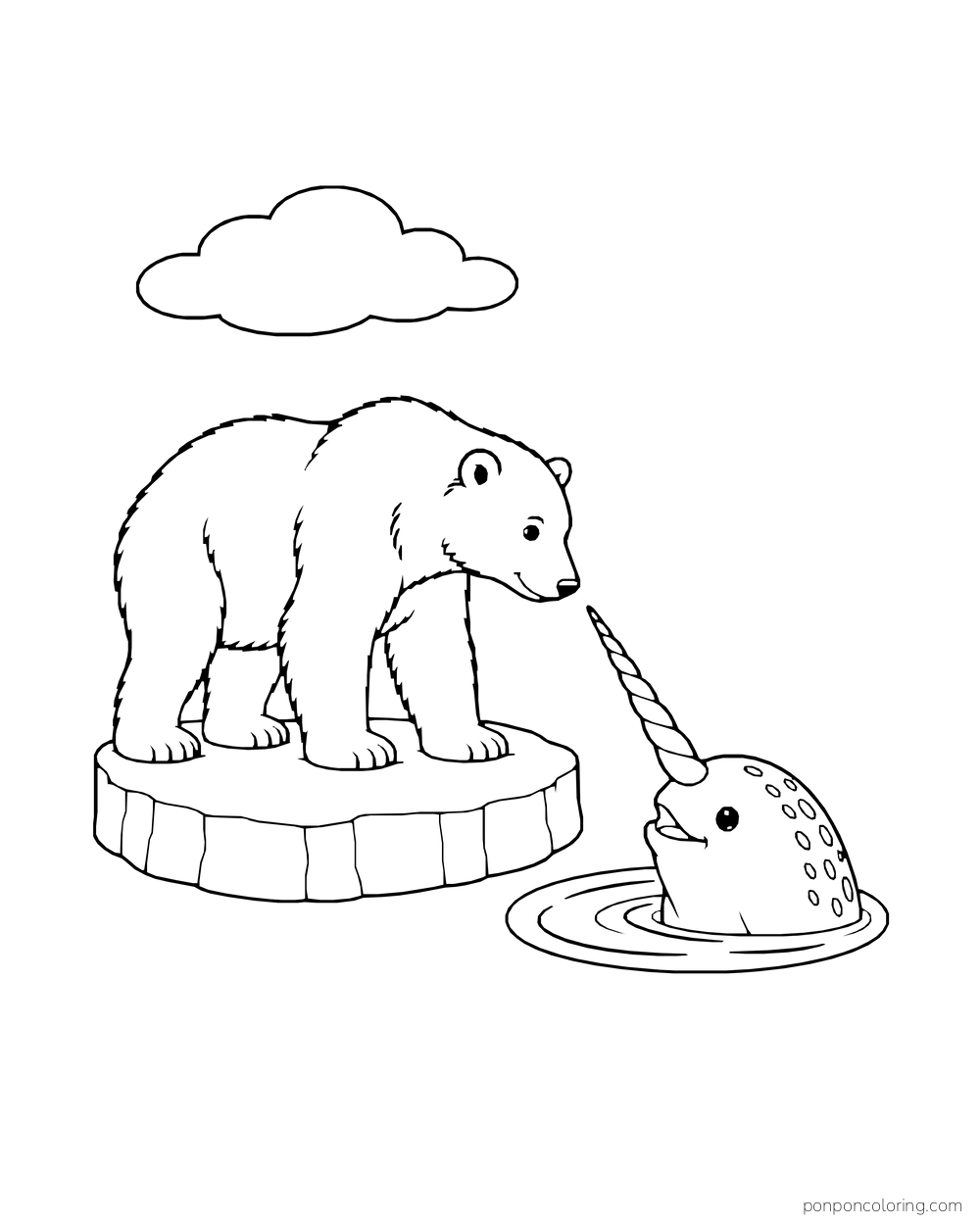 A polar bear on an ice patch looks toward a narwhal surfacing in a separate pool.