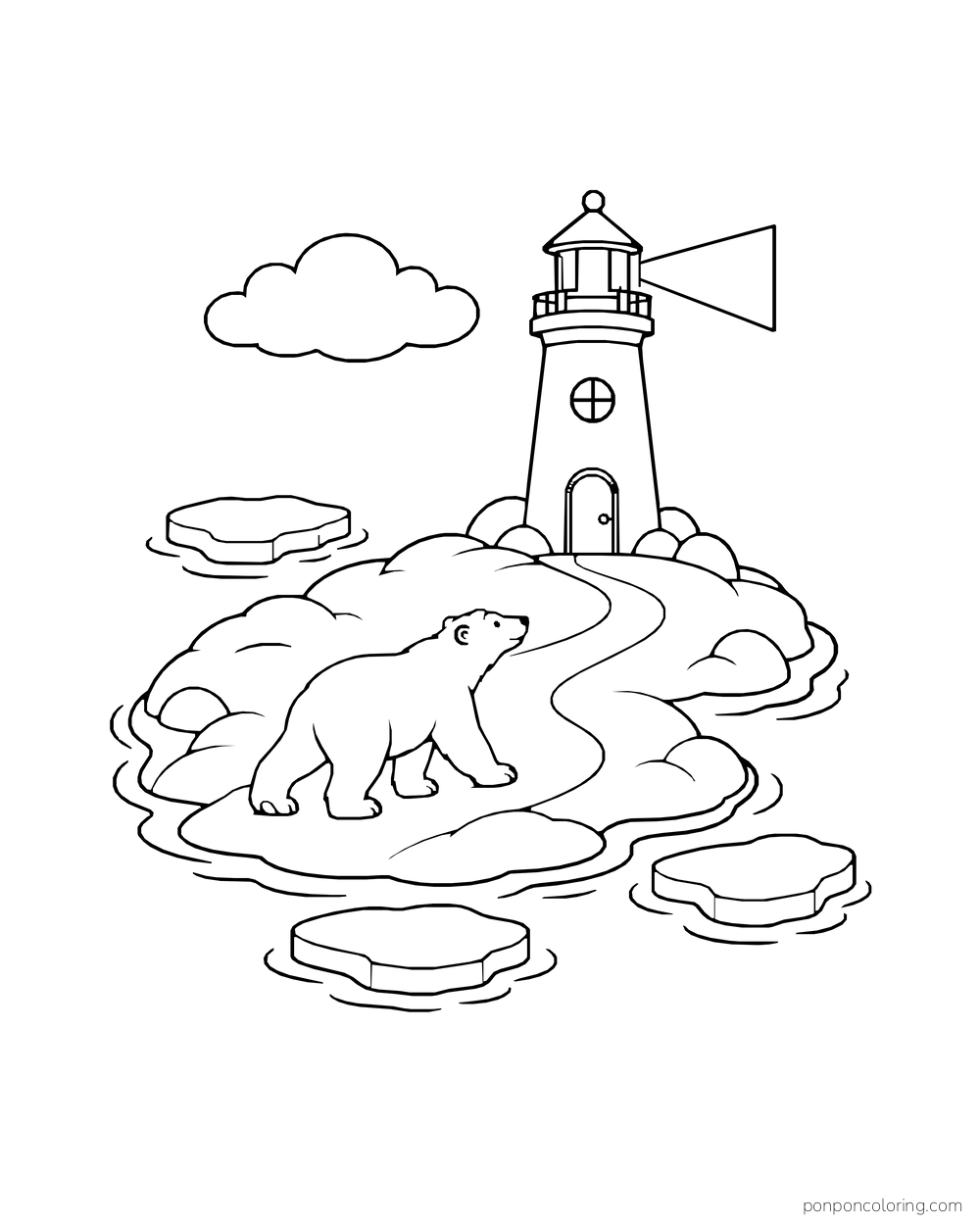 A polar bear follows a curved snowy path toward a lighthouse on a rocky shore.