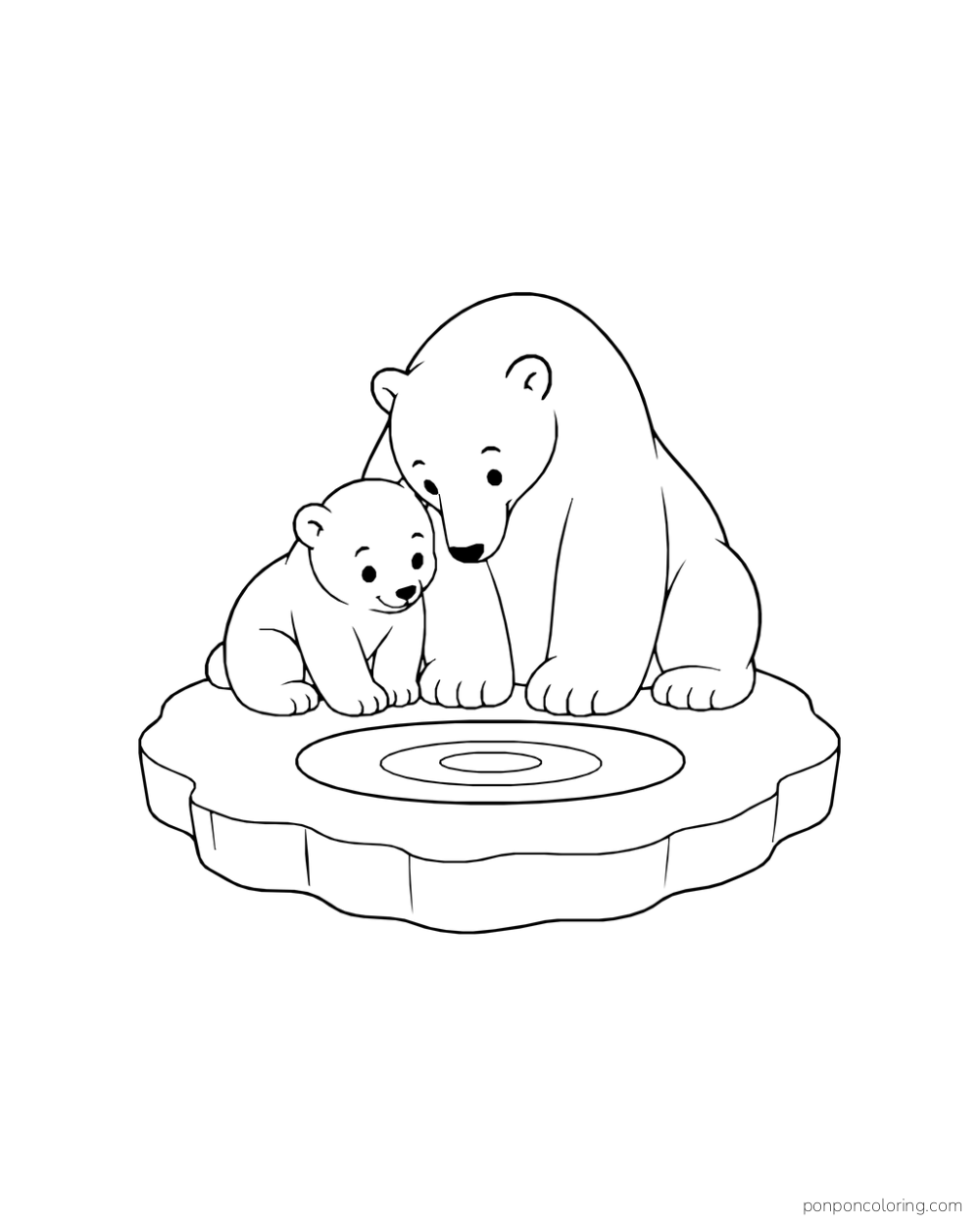A larger and a smaller polar bear lean toward an oval pool on a complete ice floe.