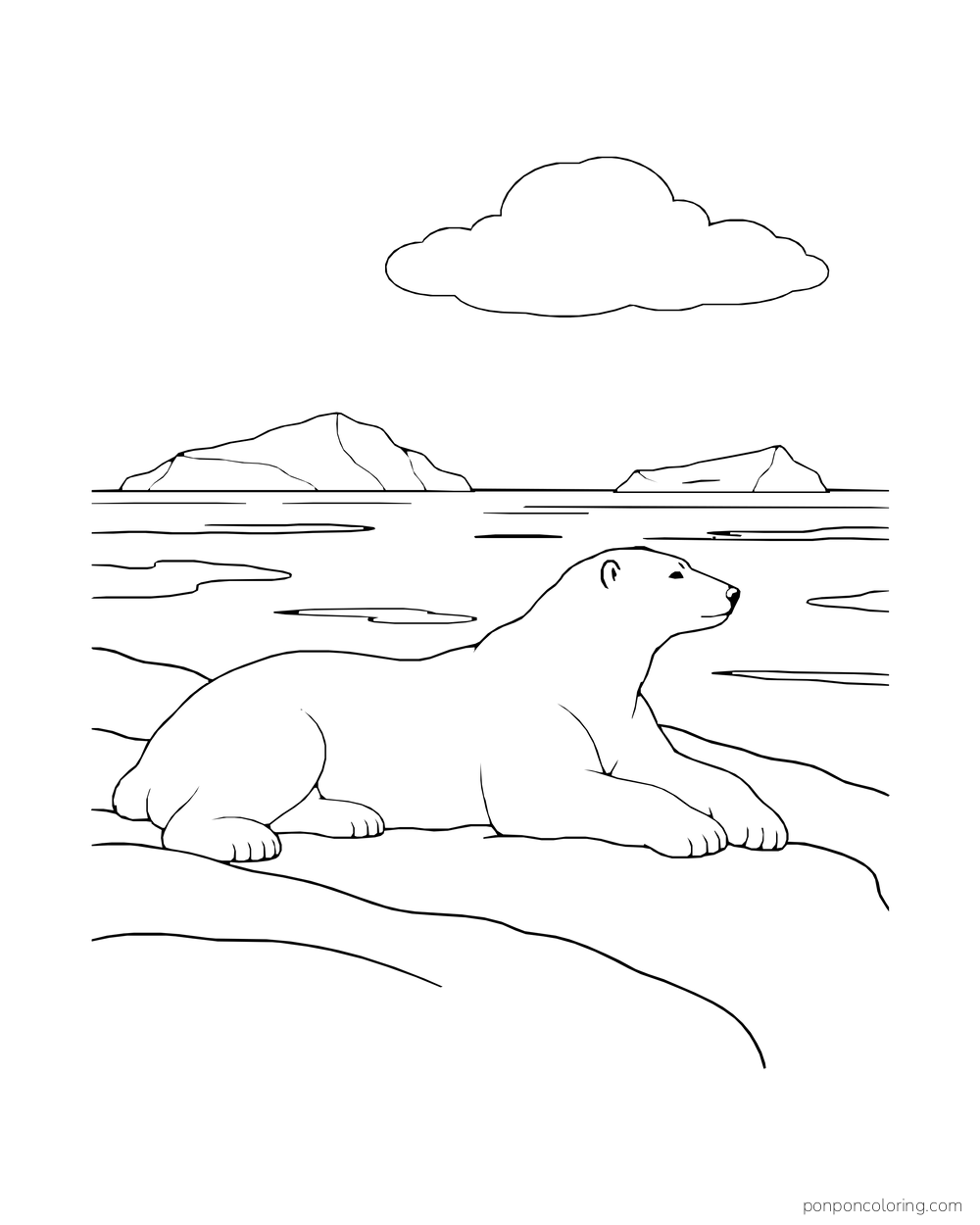 A polar bear reclines on snow beside a broad bay and distant ice shapes.