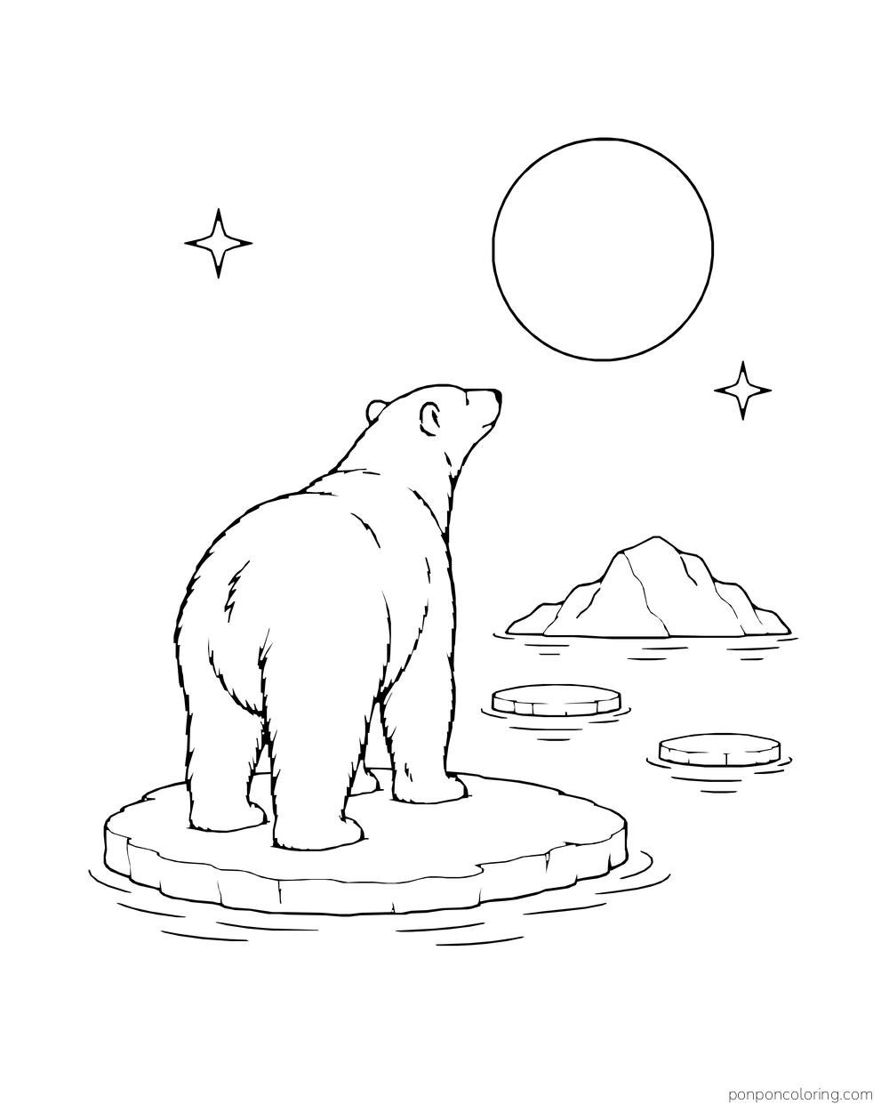 A polar bear seen from behind stands on an ice floe beneath a round moon and stars.