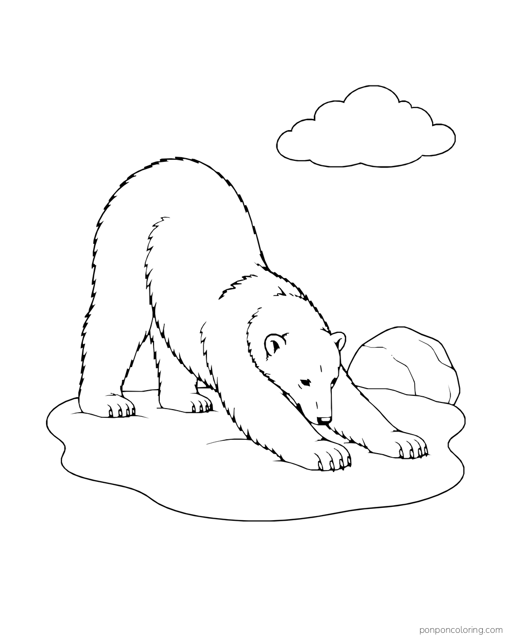 A four-legged polar bear stretches its front legs beside a rounded snow-covered rock.