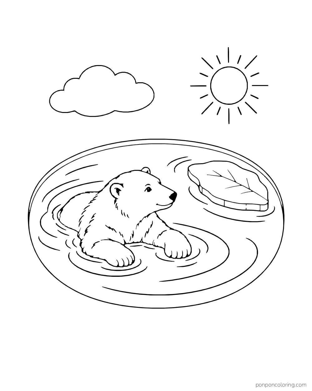 A polar bear swims in a closed oval pool with a small floating piece of ice.