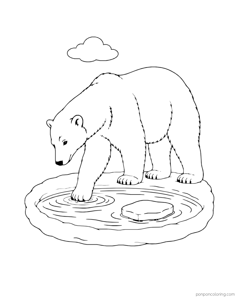 A four-legged polar bear reaches one front paw into an oval pool with a small floating ice piece.