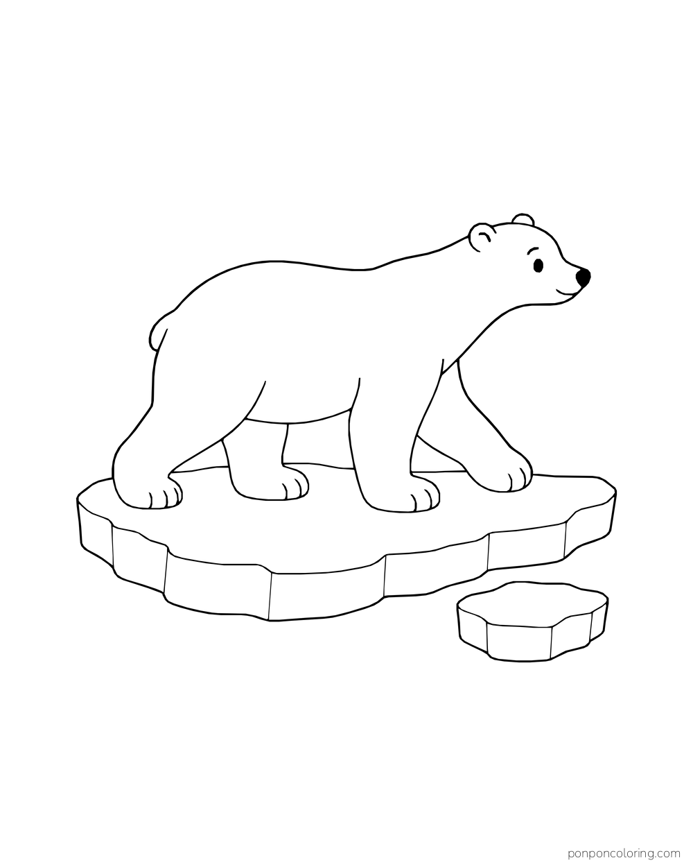 A polar bear walks on all fours across a broad ice floe with a smaller piece of ice nearby.