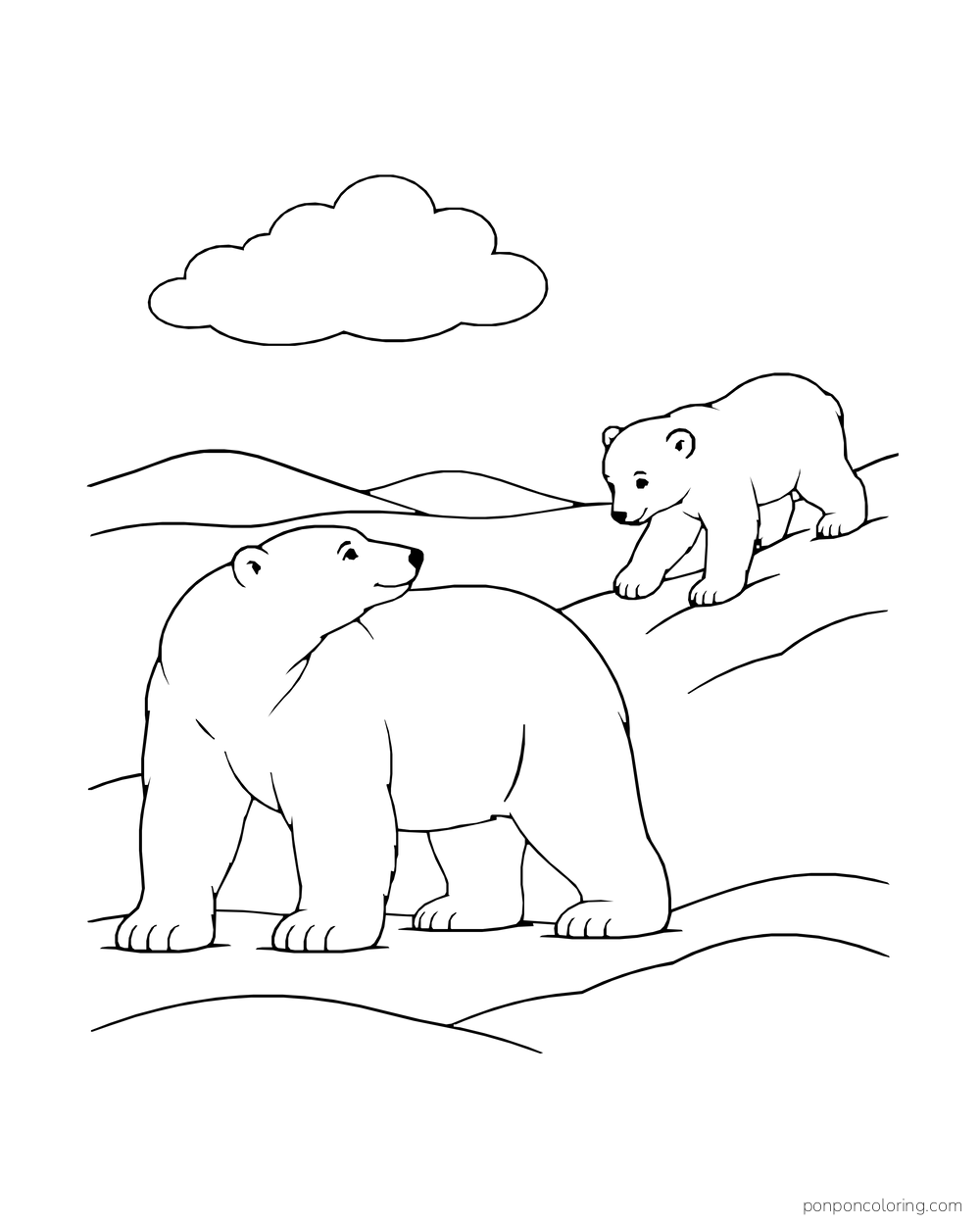 A larger and a smaller polar bear stand on a snow slope with open space around them.