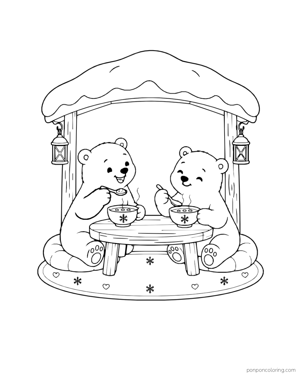 Two polar bear cubs sit at a low table with soup bowls under a snow-covered shelter and hanging lanterns.