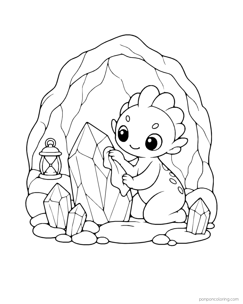 An alien polishes a large faceted crystal inside a cave nook.