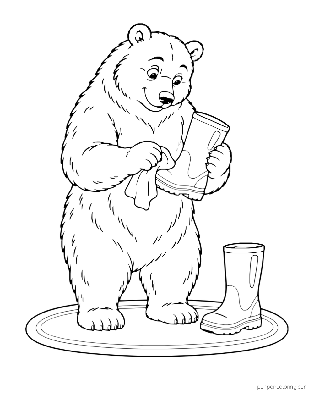 An upright brown bear rubs one rain boot with a cloth while another boot stands on a mat.