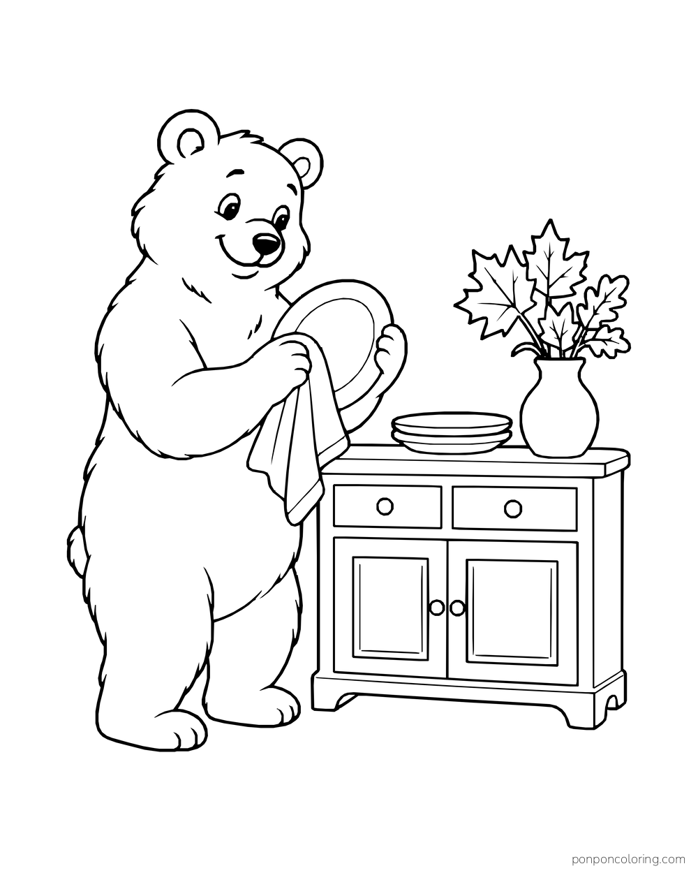 A bear dries a plate beside a cabinet with a stack of dishes and a leaf vase.