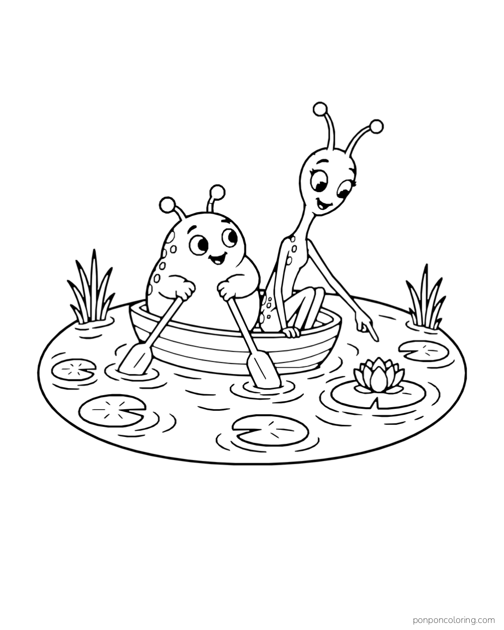 Two aliens ride in a tiny rowboat on an oval pond with a water lily.
